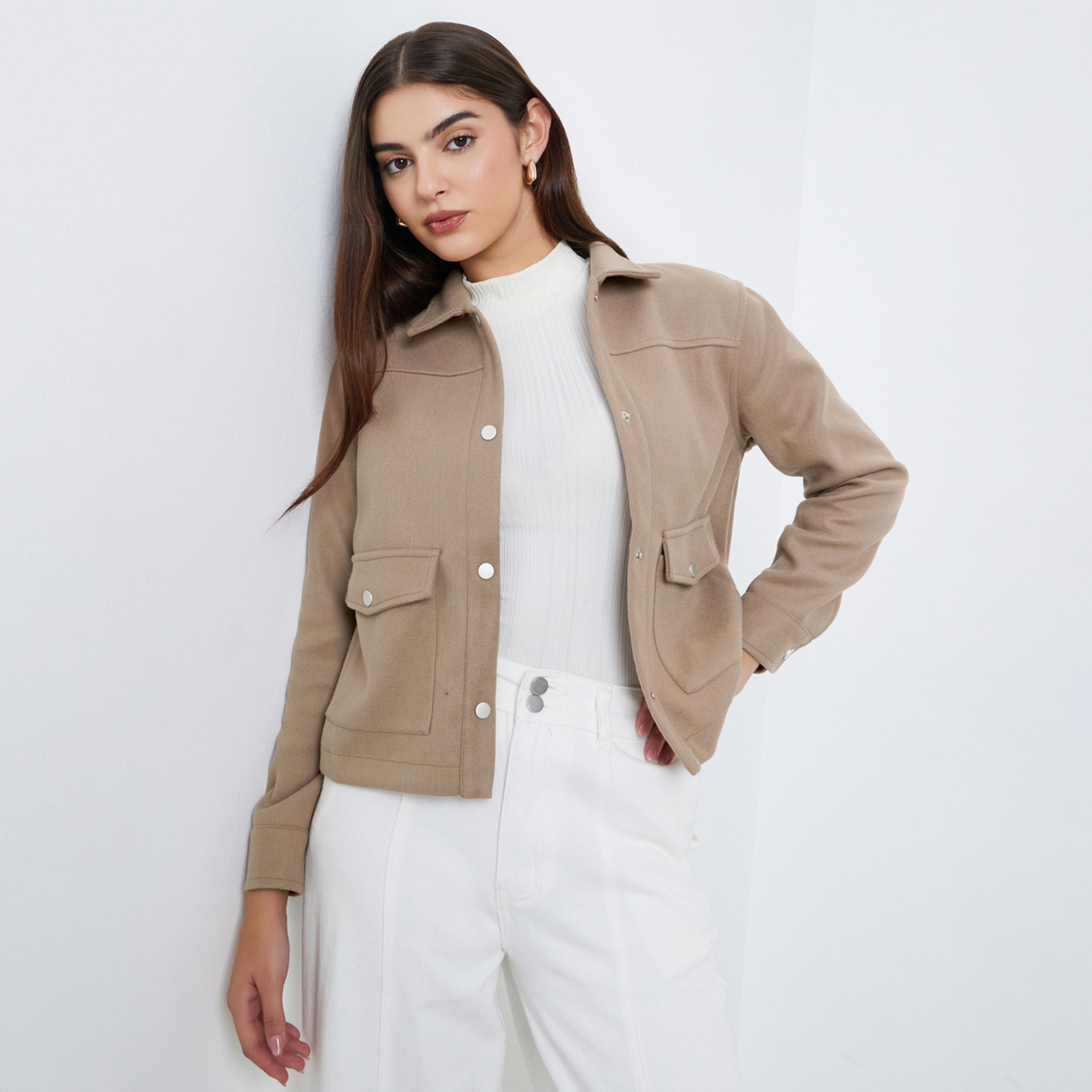 Styli Solid Collared Long Sleeves Women's Snap Button Trucker Jacket-women-winterwear-coatsandjackets-jackets-image-1