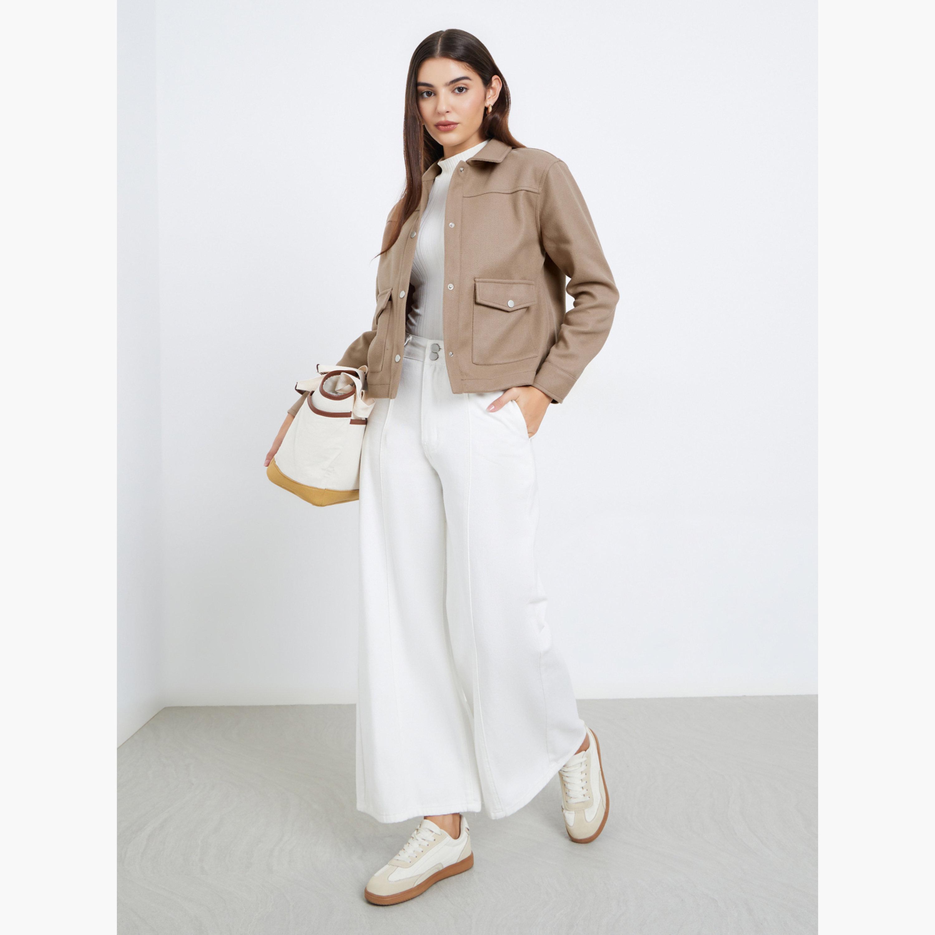 Styli Solid Collared Long Sleeves Women's Snap Button Trucker Jacket-women-winterwear-coatsandjackets-jackets-image-2