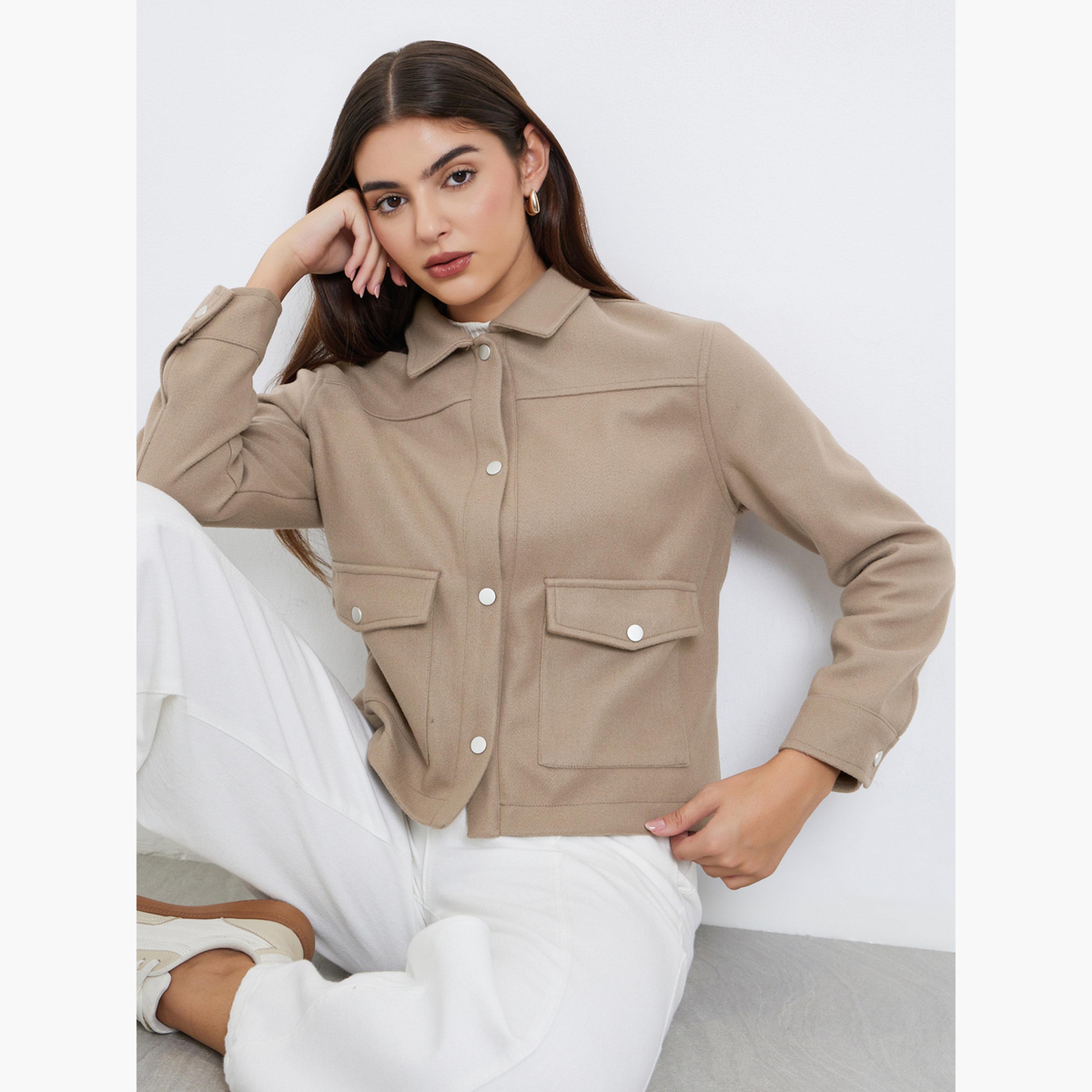 Styli Solid Collared Long Sleeves Women's Snap Button Trucker Jacket-women-winterwear-coatsandjackets-jackets-image-3