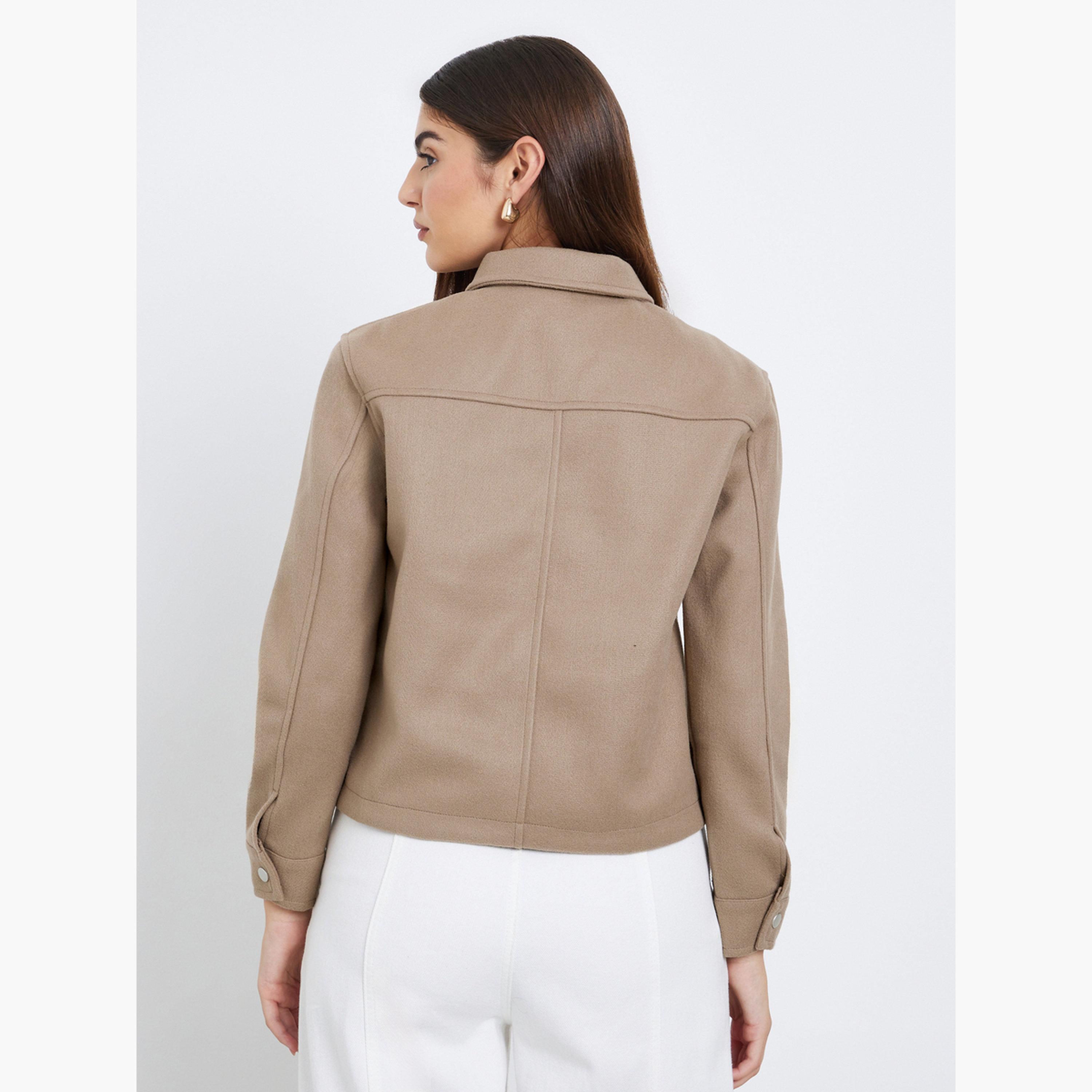 Styli Solid Collared Long Sleeves Women's Snap Button Trucker Jacket-women-winterwear-coatsandjackets-jackets-image-4