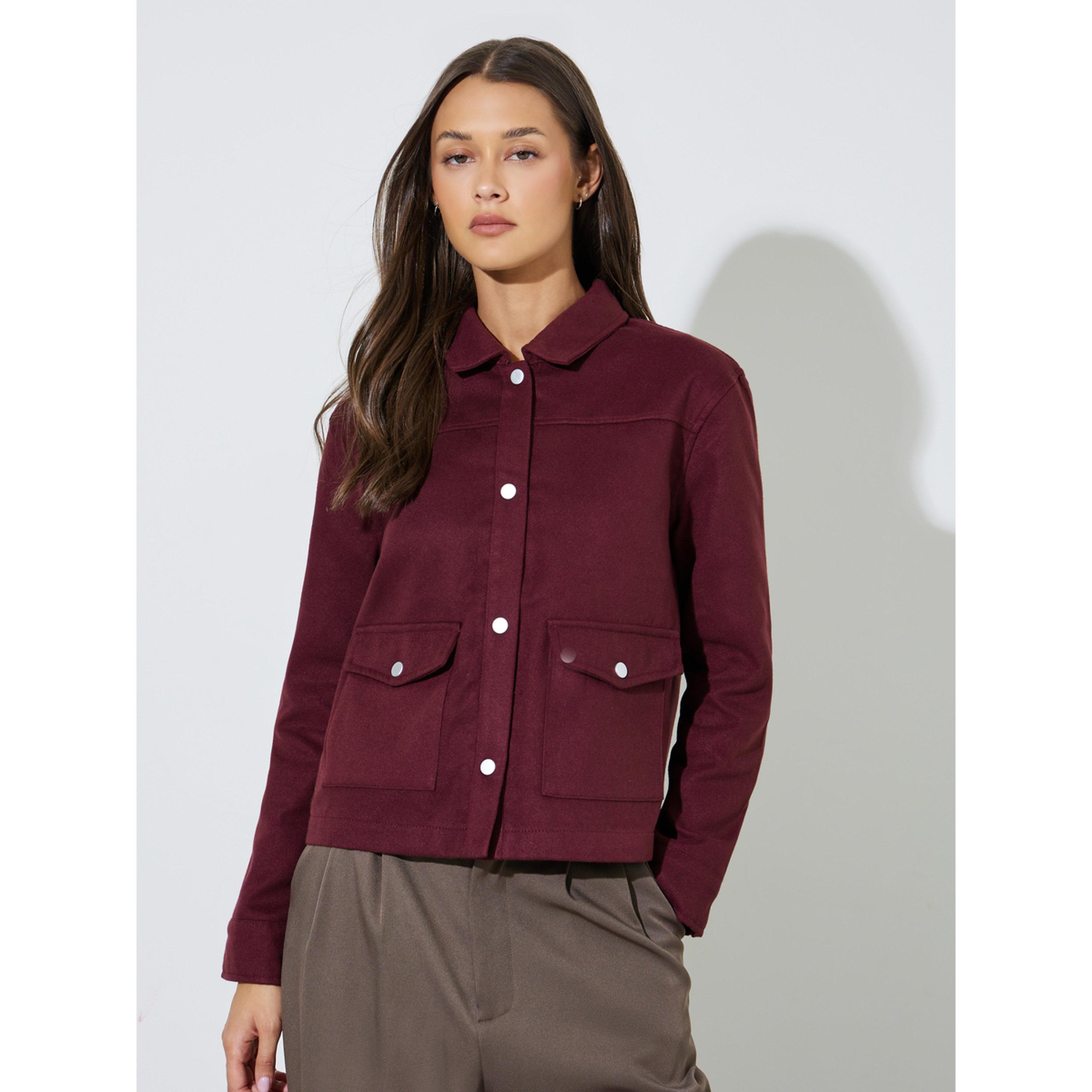 Styli Burgundy Regular Fit Buttoned Trucker Jacket-women-winterwear-coatsandjackets-jackets-image-1