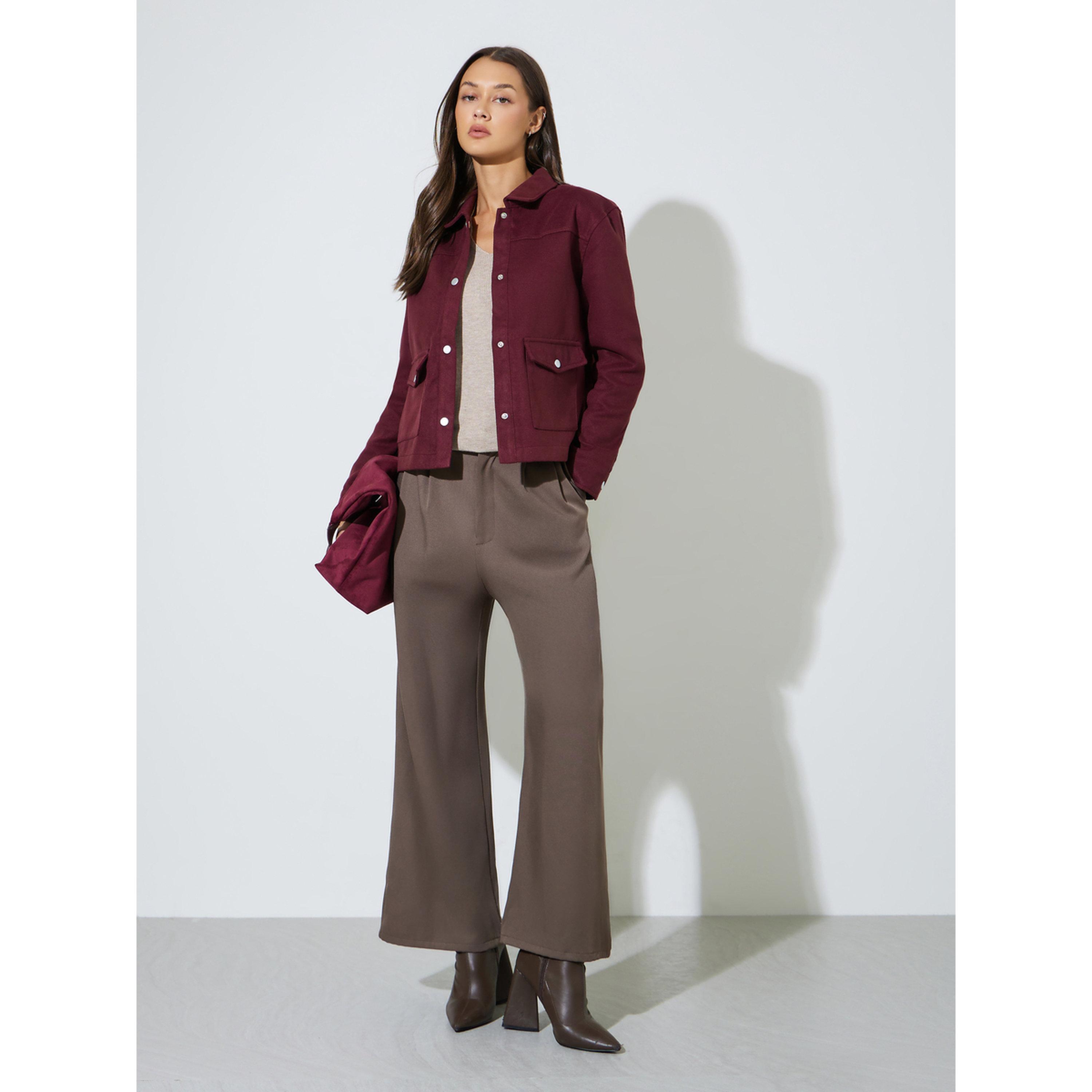 Styli Burgundy Regular Fit Buttoned Trucker Jacket-women-winterwear-coatsandjackets-jackets-image-2