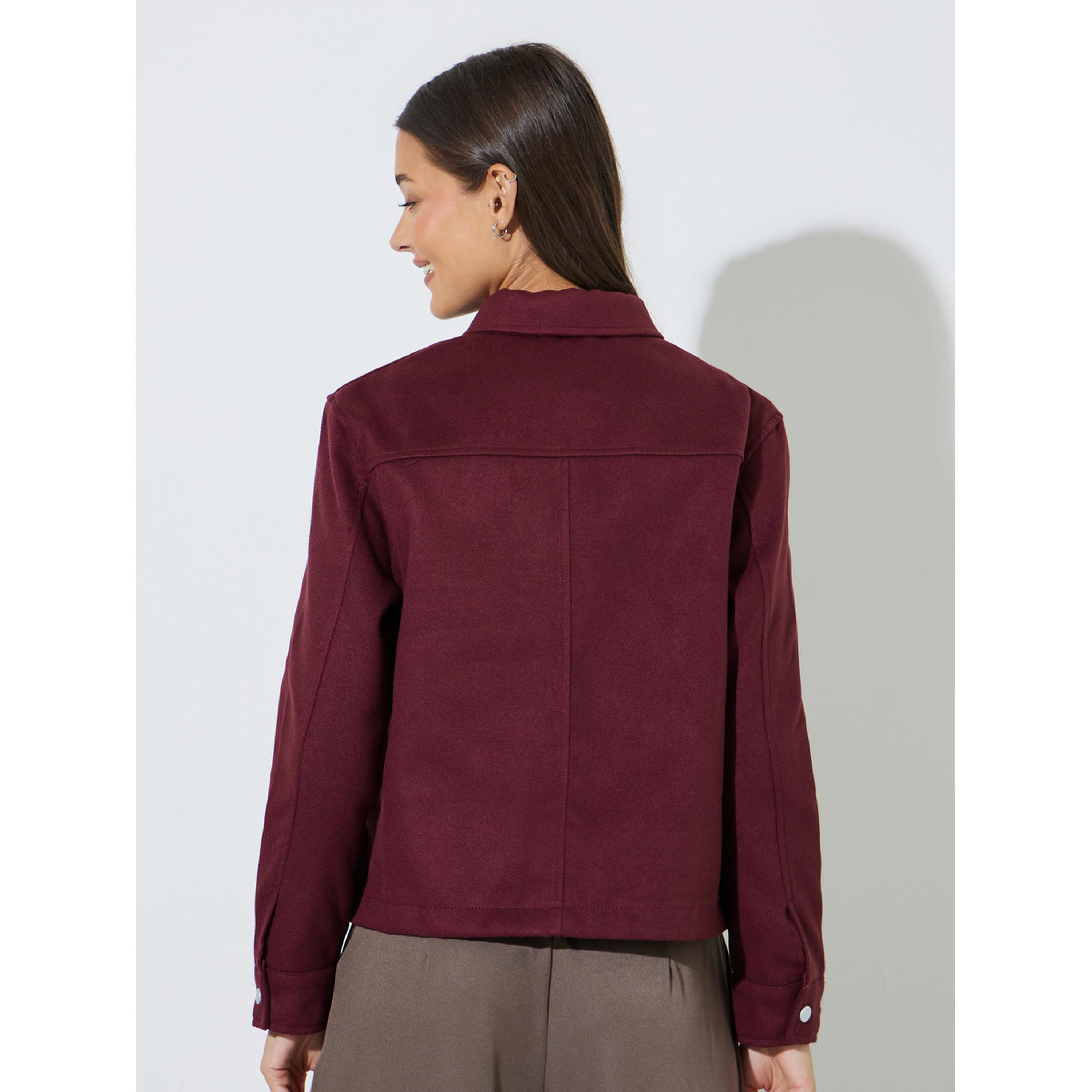 Styli Burgundy Regular Fit Buttoned Trucker Jacket-women-winterwear-coatsandjackets-jackets-image-3