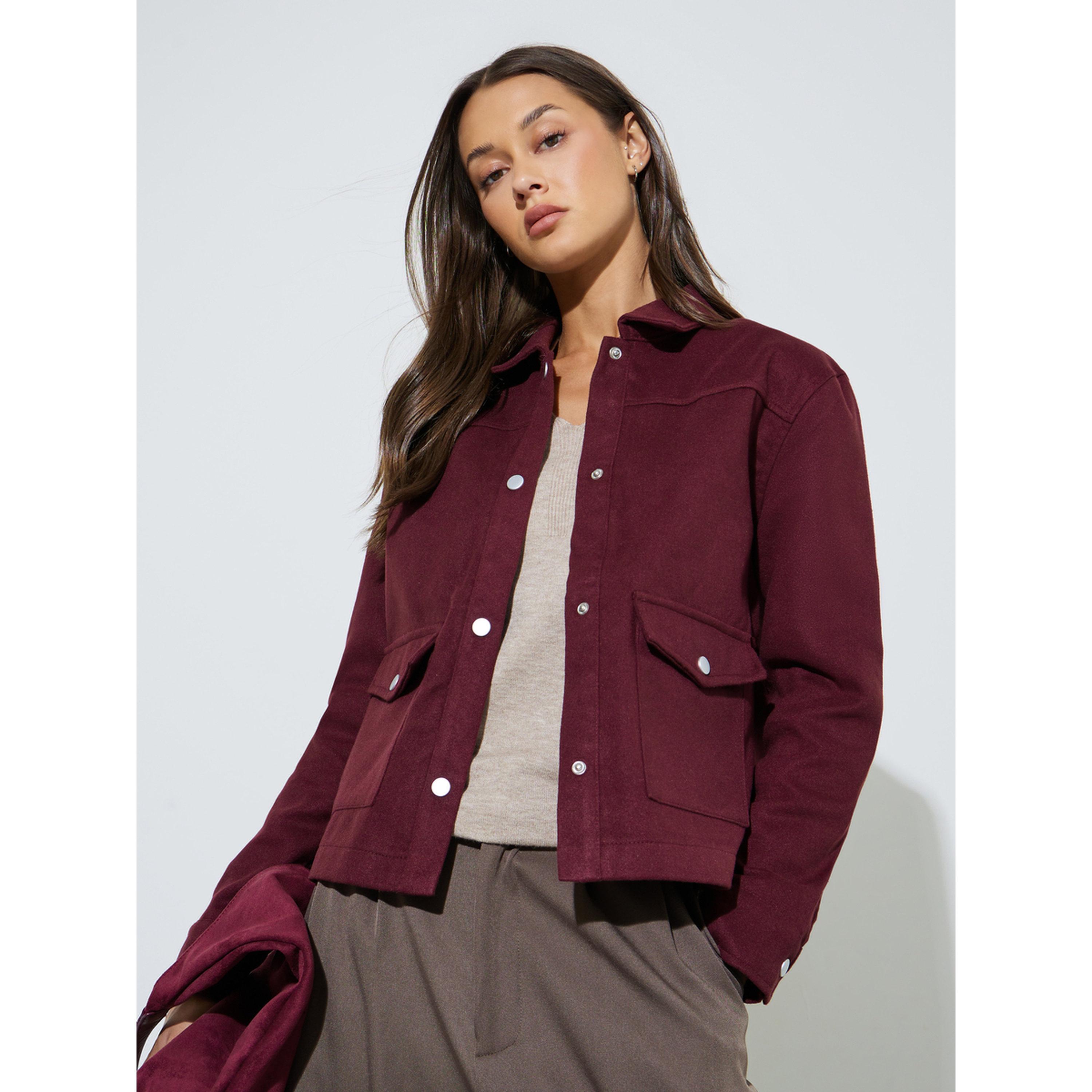 Styli Burgundy Regular Fit Buttoned Trucker Jacket-women-winterwear-coatsandjackets-jackets-image-4
