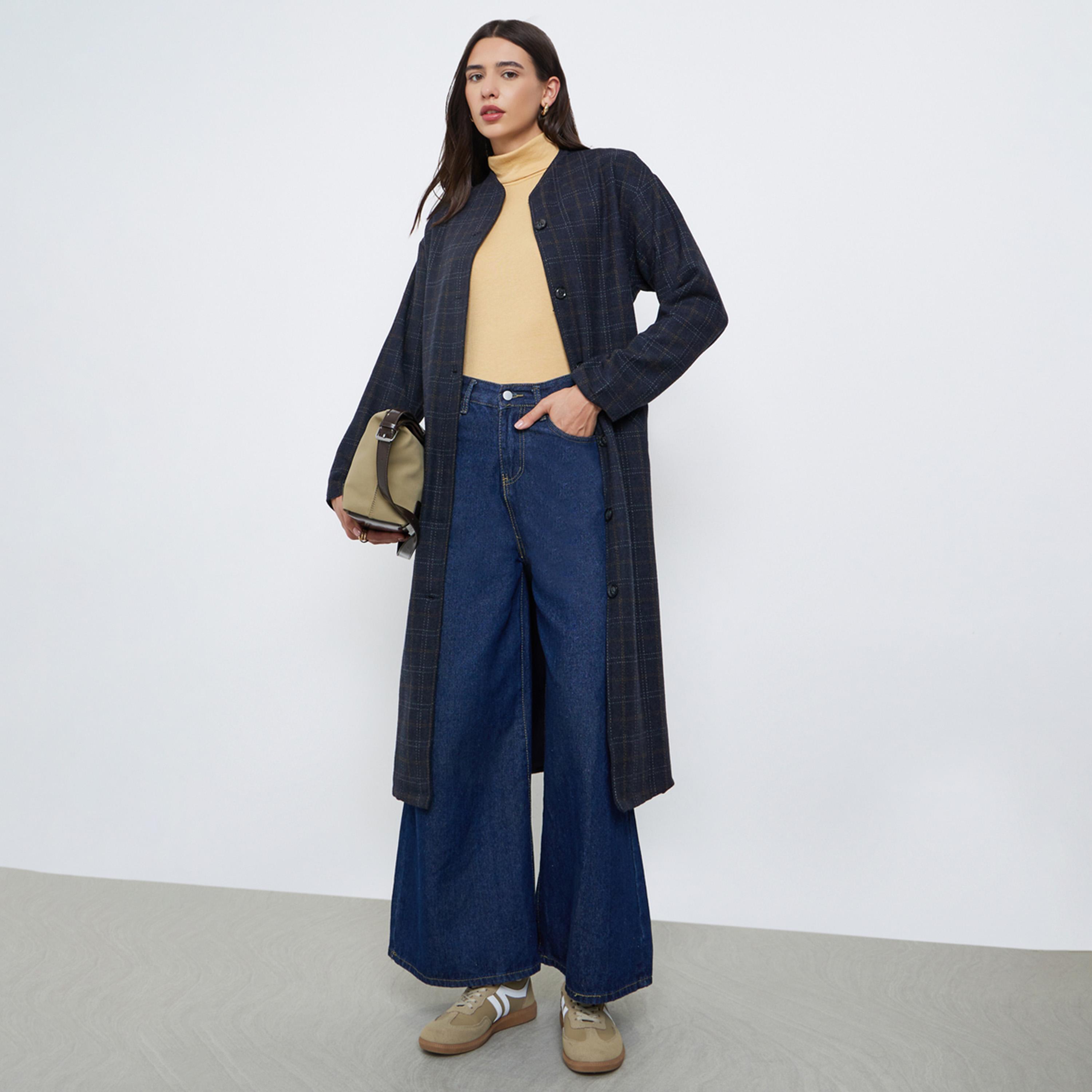 ستايلي - معطف من الصوف بطبعة مربعات لون أسود-women-clothing-coatsandjackets-coats-image-1