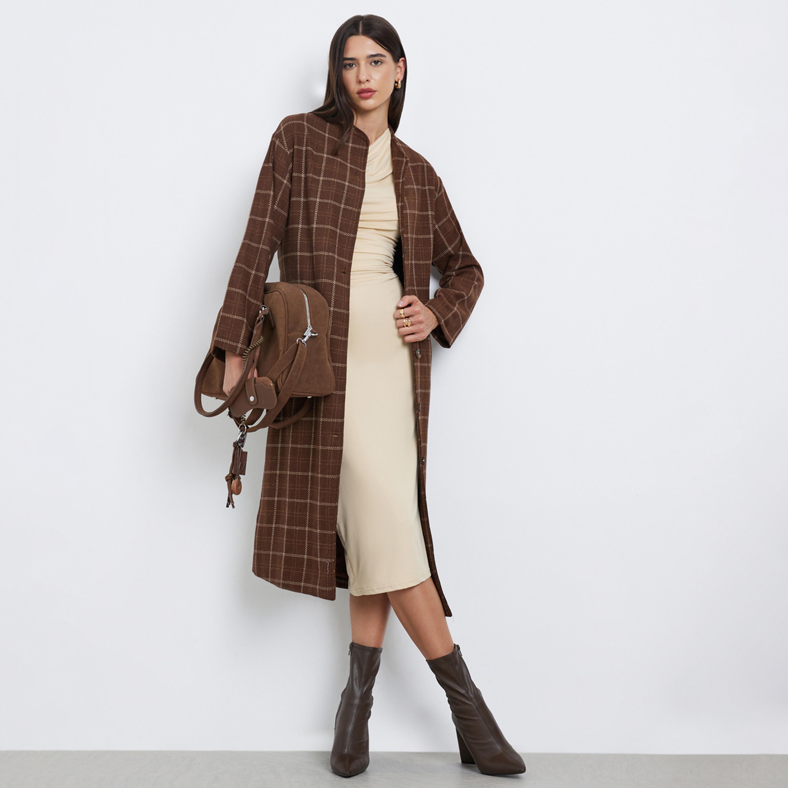 ستايلي - معطف من الصوف بطبعة مربعات لون بني-women-clothing-coatsandjackets-coats-image-1