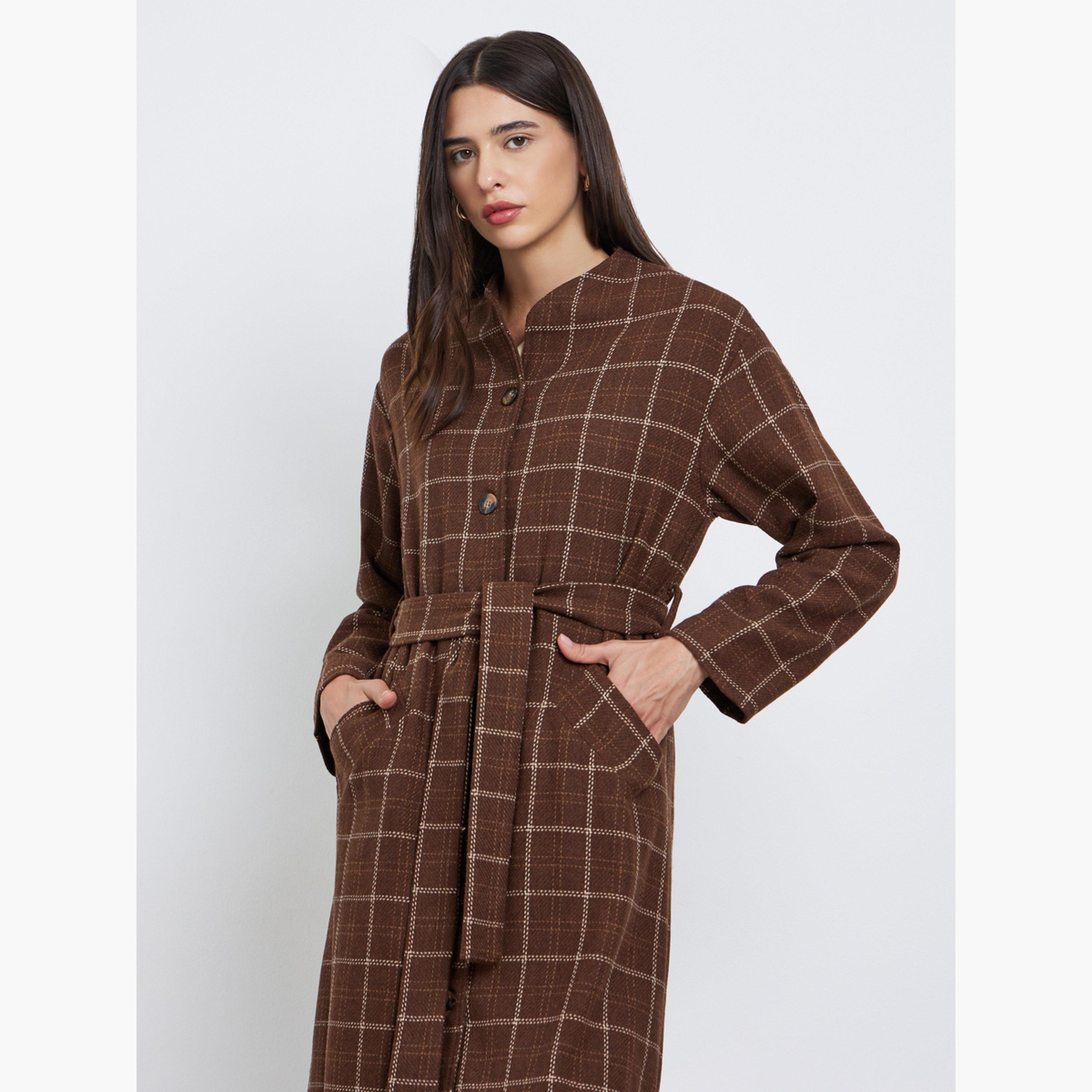 Styli Women Brown Checked Print Wool Look Coat-women-winterwear-coatsandjackets-coats-image-2