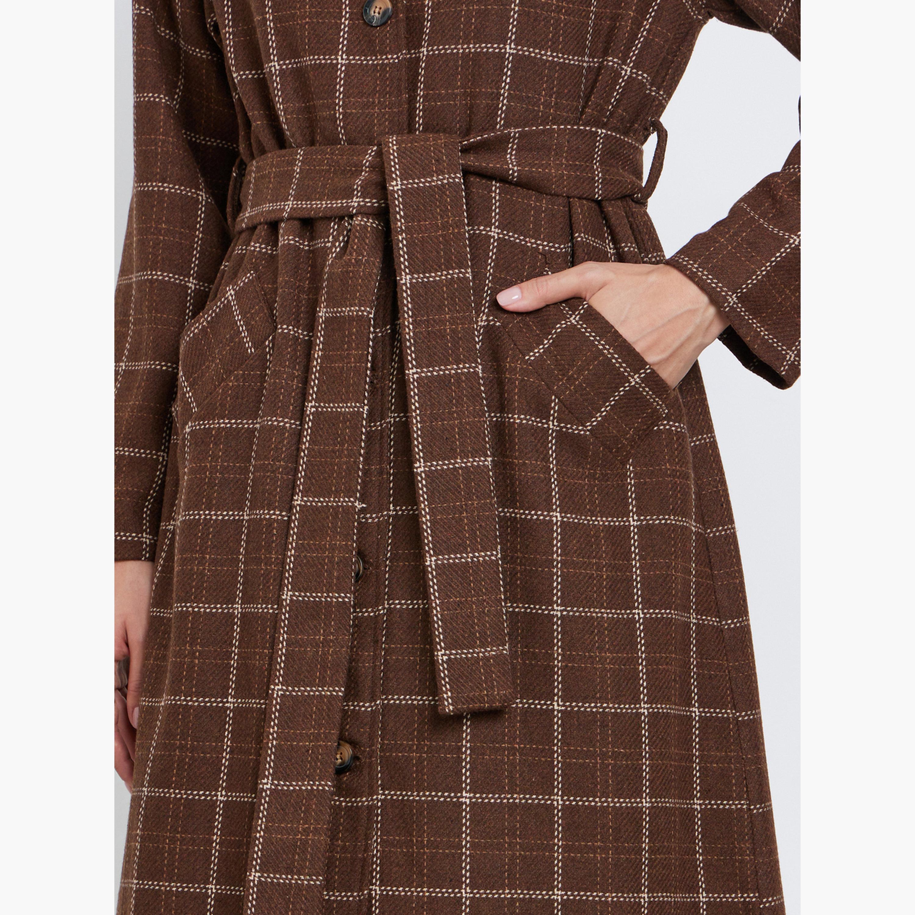 ستايلي - معطف من الصوف بطبعة مربعات لون بني-women-clothing-coatsandjackets-coats-image-3
