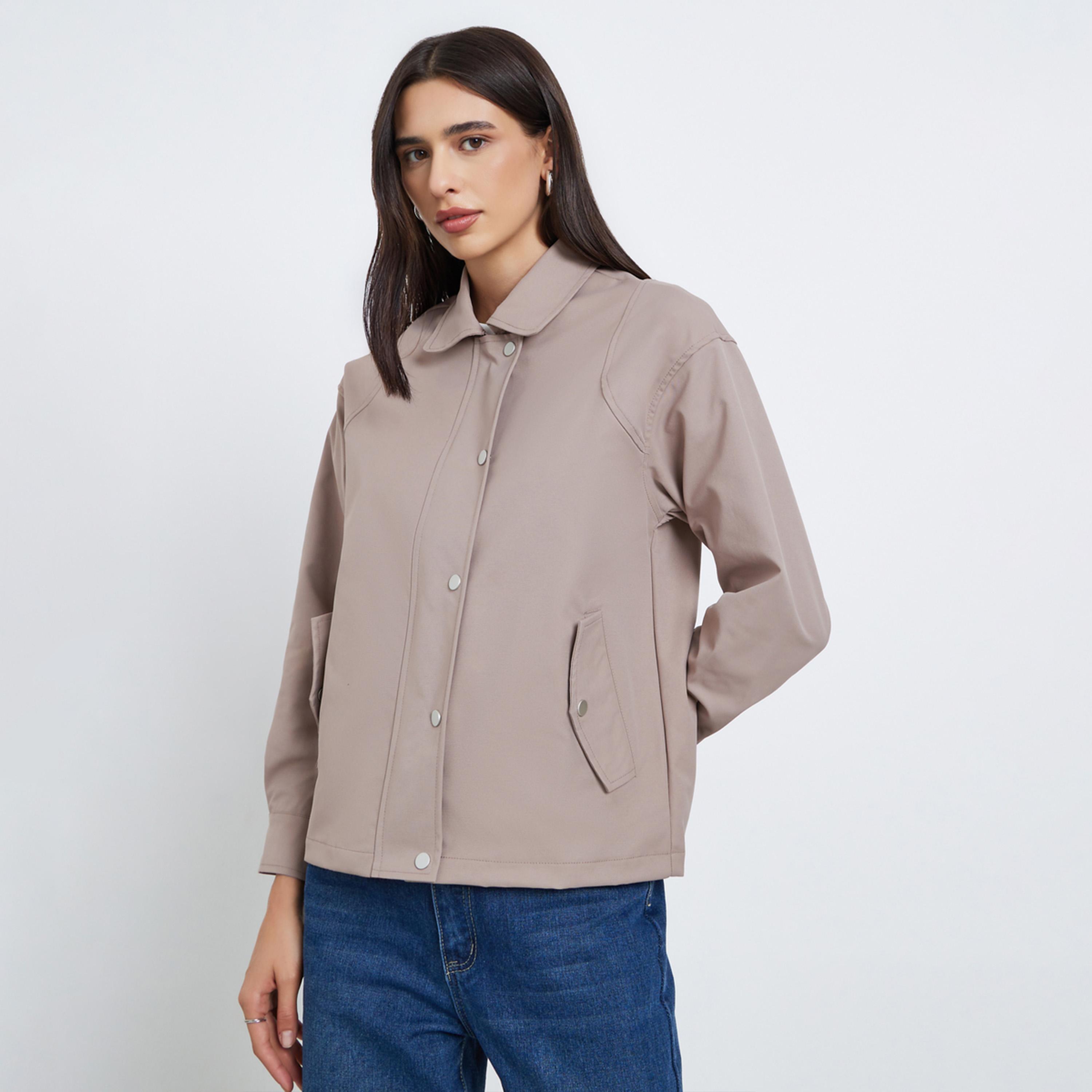 Styli Solid Collared Long Sleeves Women's Zip Through Jacket-women-winterwear-coatsandjackets-jackets-image-1