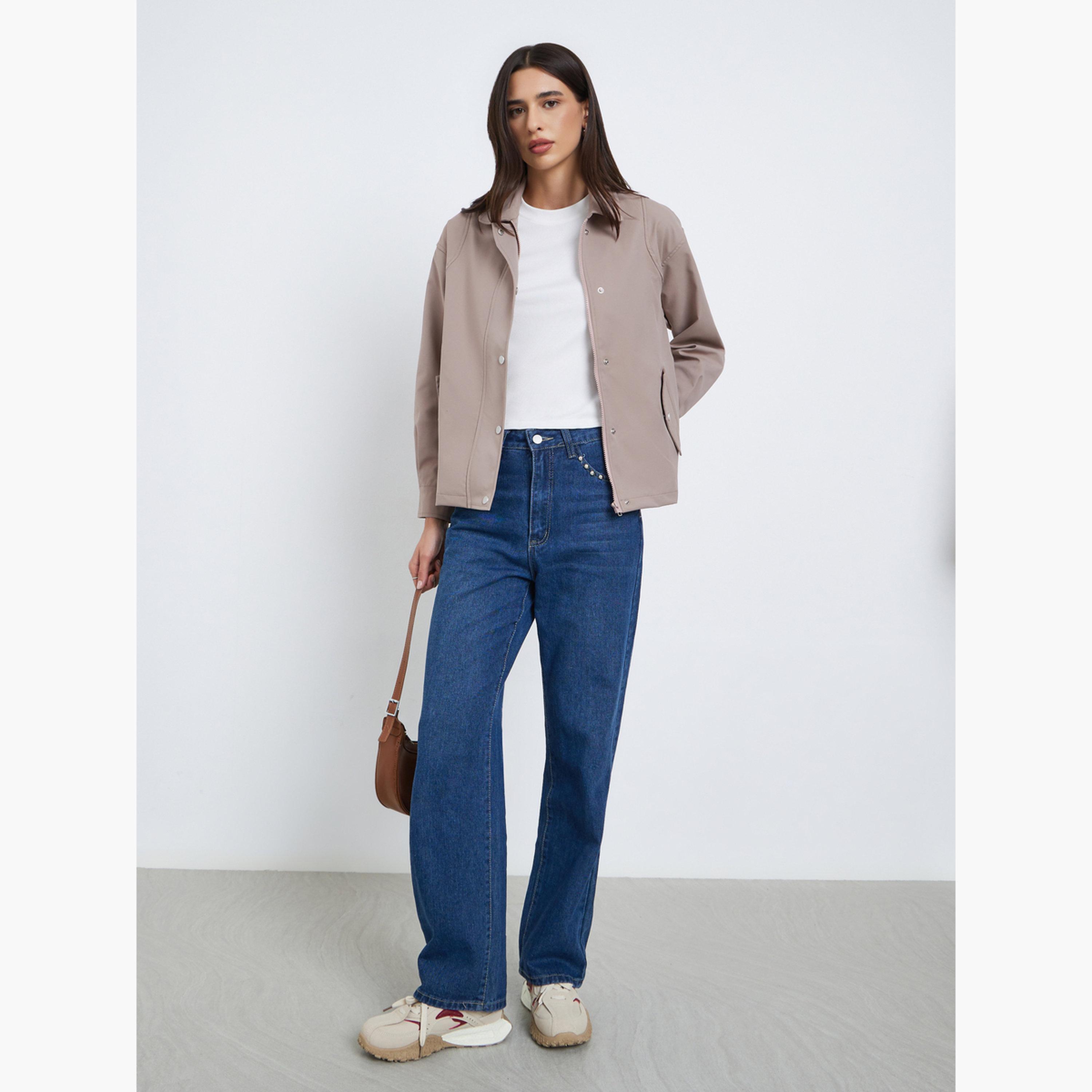 Styli Solid Collared Long Sleeves Women's Zip Through Jacket-women-winterwear-coatsandjackets-jackets-image-2