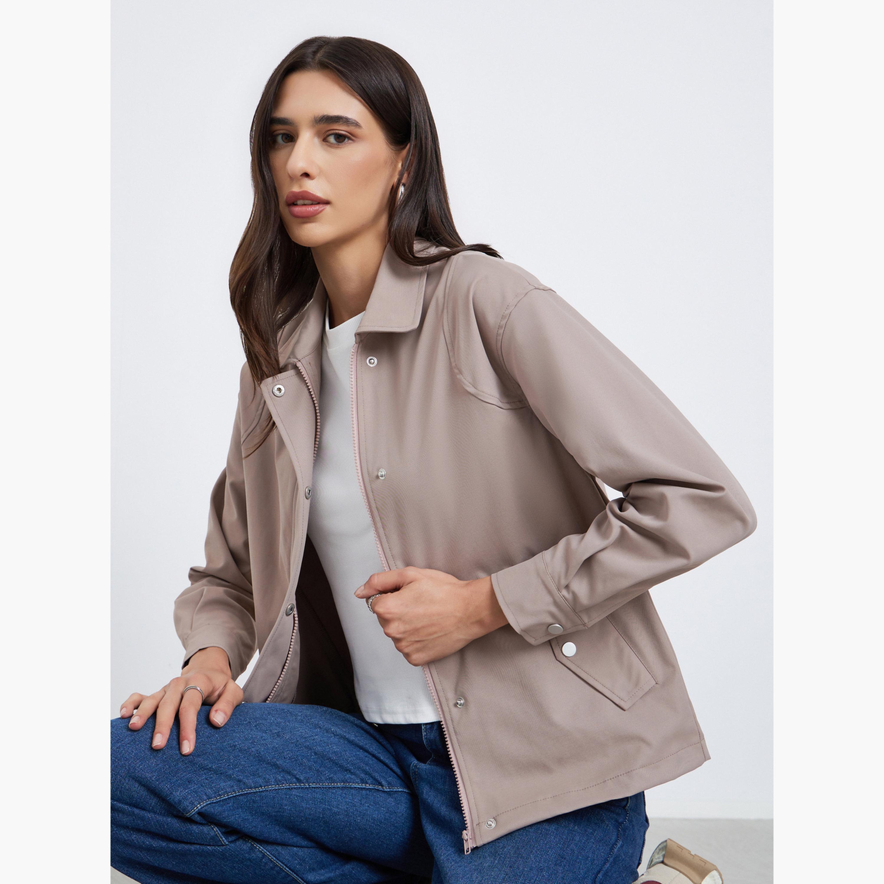 Styli Solid Collared Long Sleeves Women's Zip Through Jacket-women-winterwear-coatsandjackets-jackets-image-3