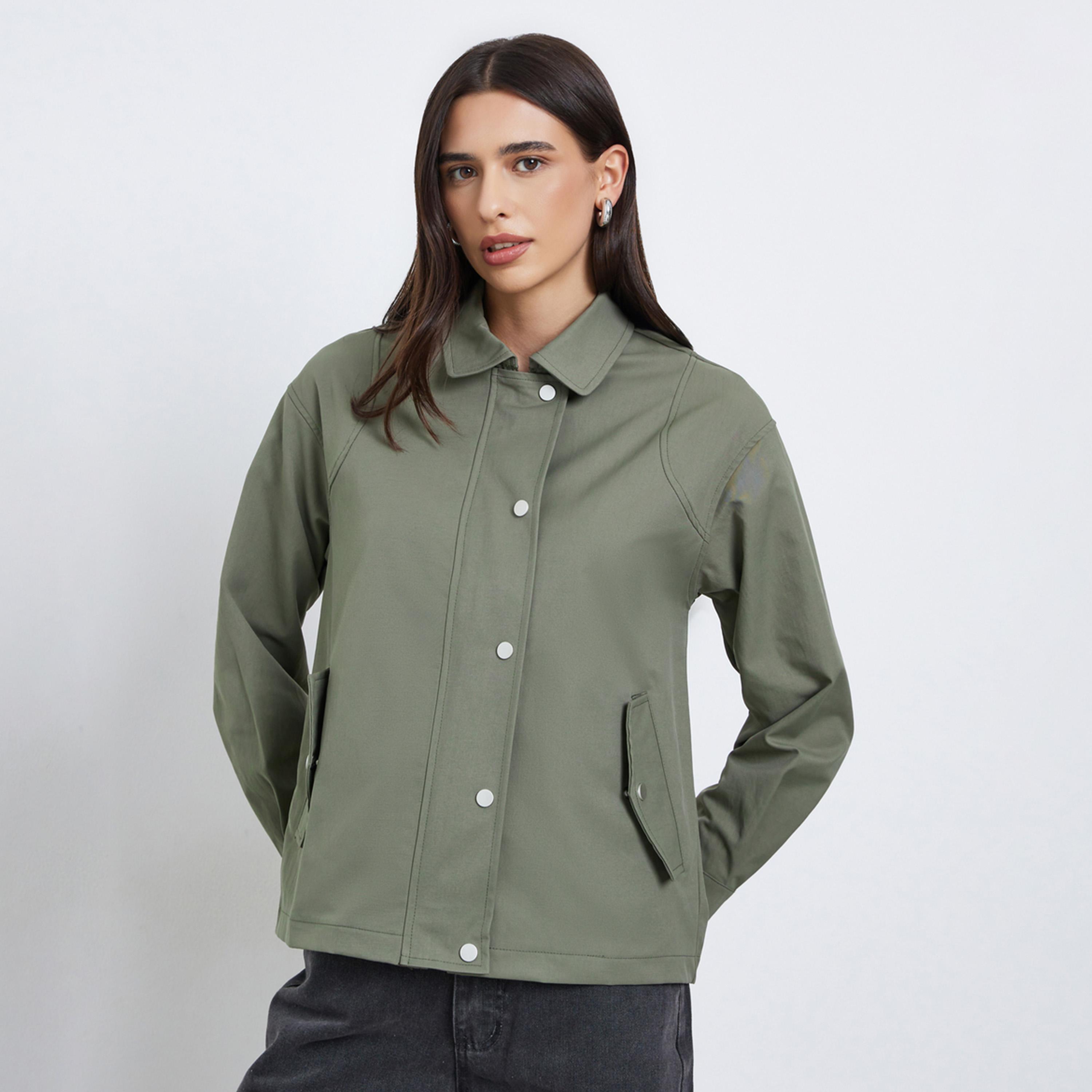 Styli Solid Lapel Collar Long Sleeves Women's Zip Through Jacket-women-winterwear-coatsandjackets-jackets-image-1