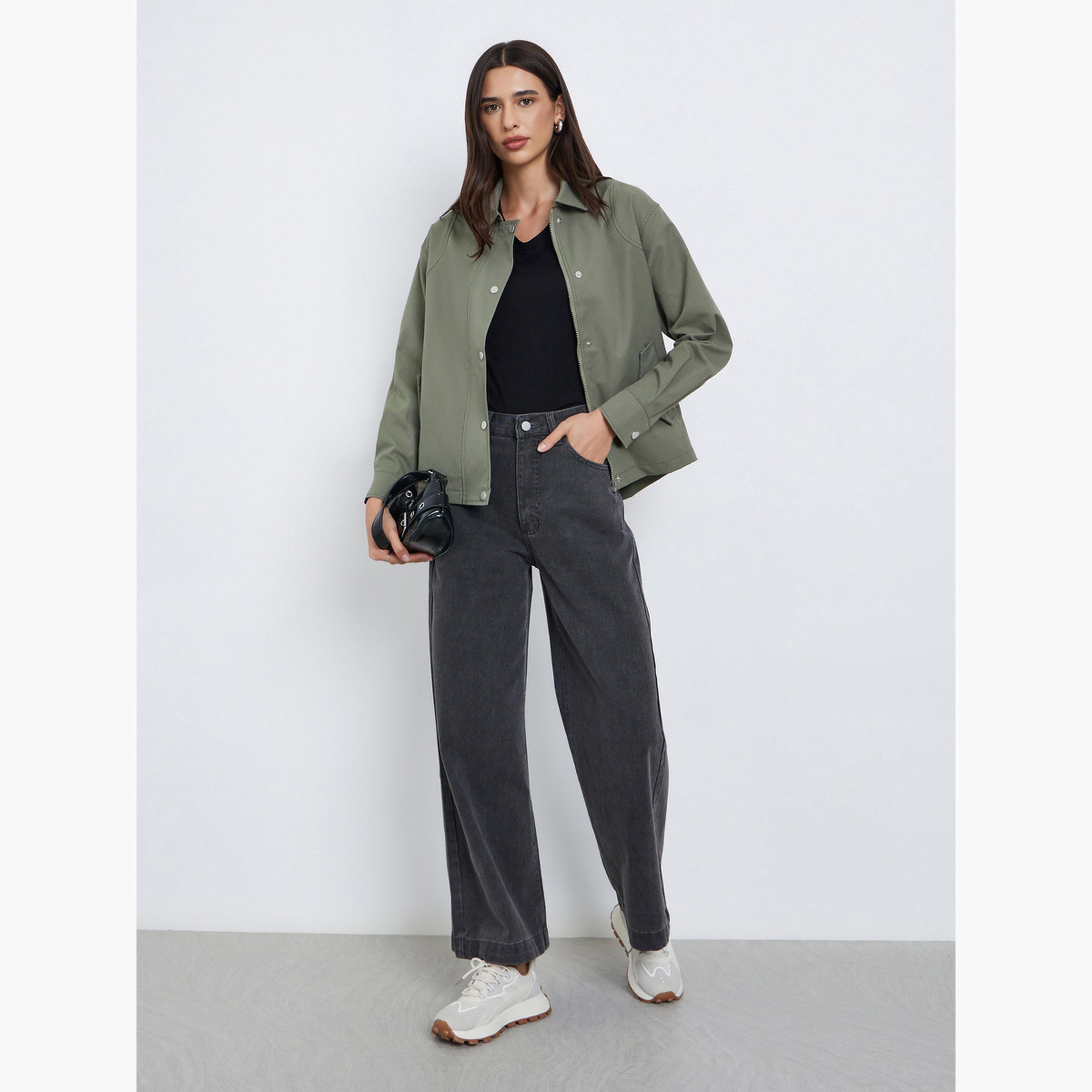 Styli Solid Lapel Collar Long Sleeves Women's Zip Through Jacket-women-winterwear-coatsandjackets-jackets-image-2
