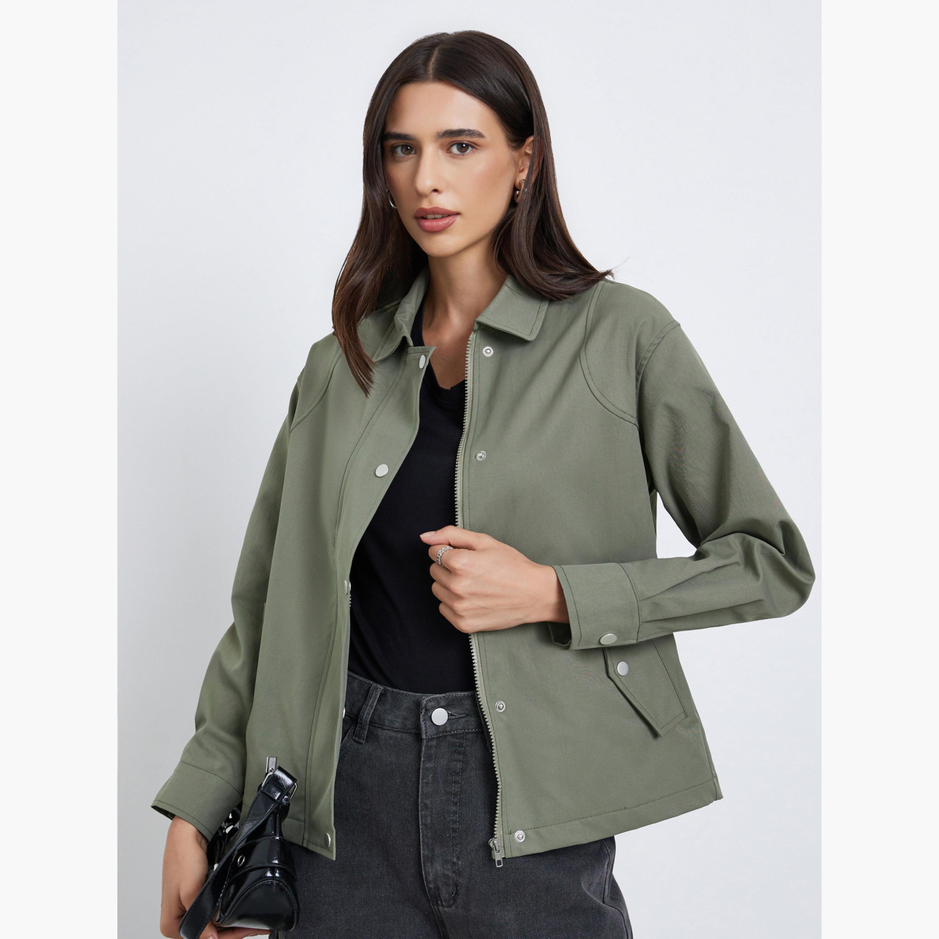 Styli Solid Lapel Collar Long Sleeves Women's Zip Through Jacket-women-winterwear-coatsandjackets-jackets-image-3
