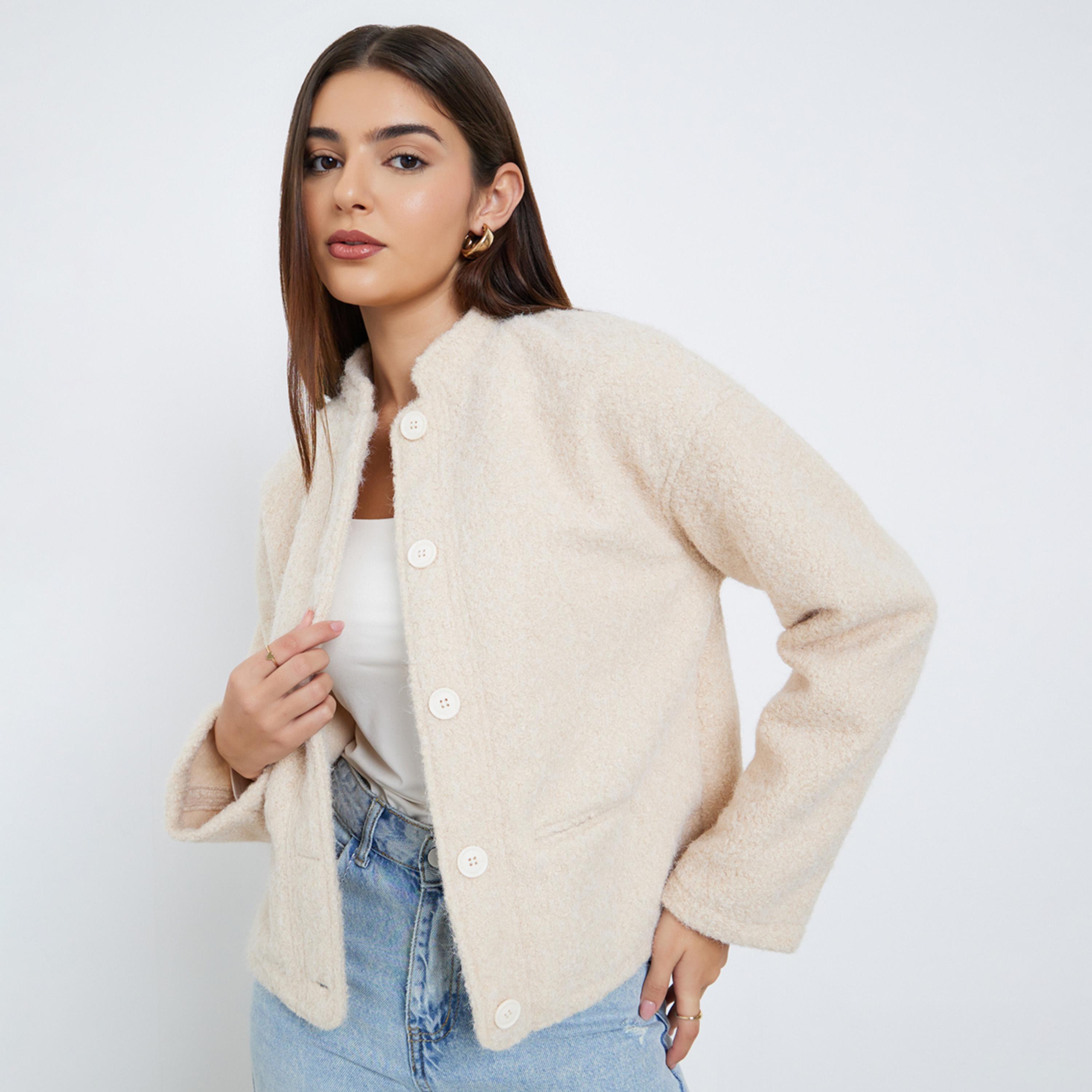 Styli Solid Mandarin Collar Long Sleeves Women's Button Through Trucker Jacket-women-winterwear-coatsandjackets-jackets-image-1