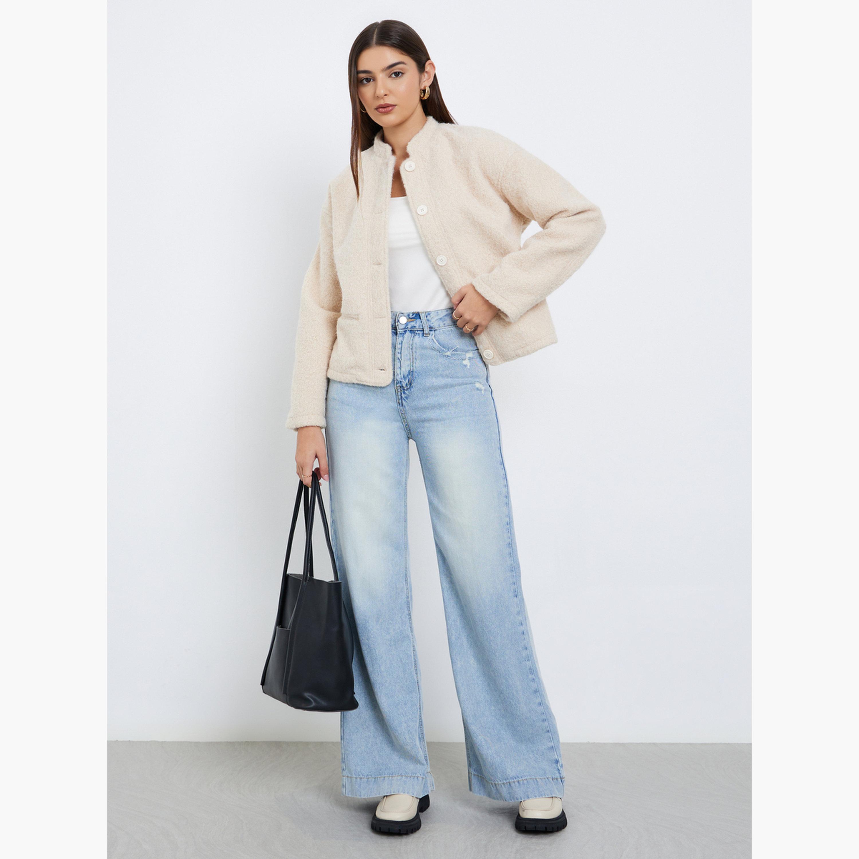 Styli Solid Mandarin Collar Long Sleeves Women's Button Through Trucker Jacket-women-winterwear-coatsandjackets-jackets-image-2