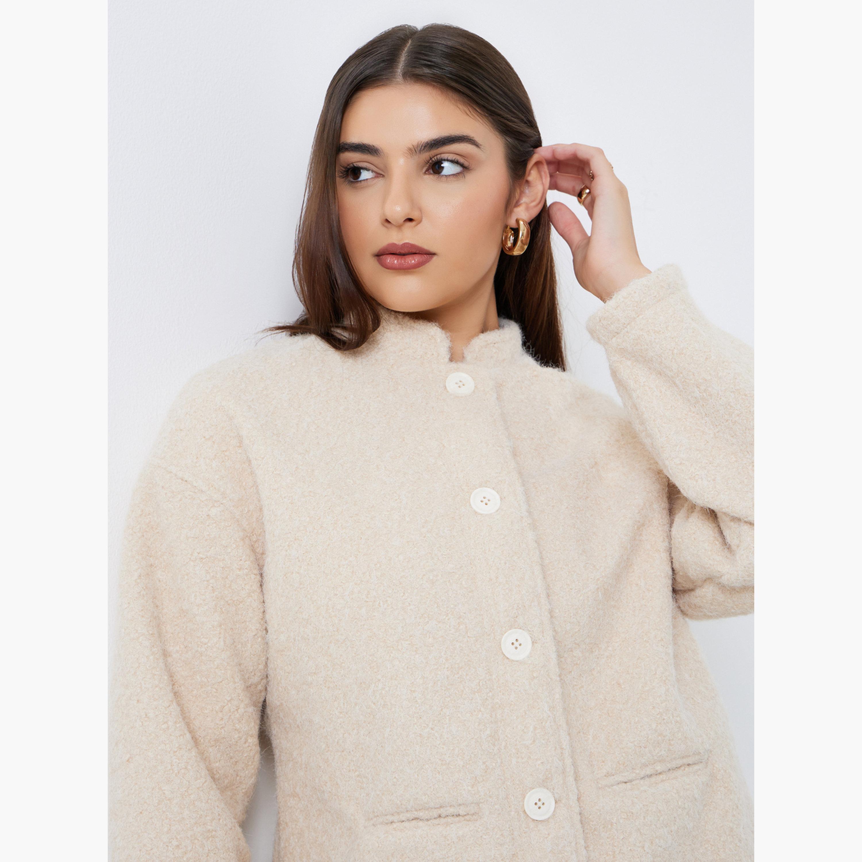 Styli Solid Mandarin Collar Long Sleeves Women's Button Through Trucker Jacket-women-winterwear-coatsandjackets-jackets-image-3