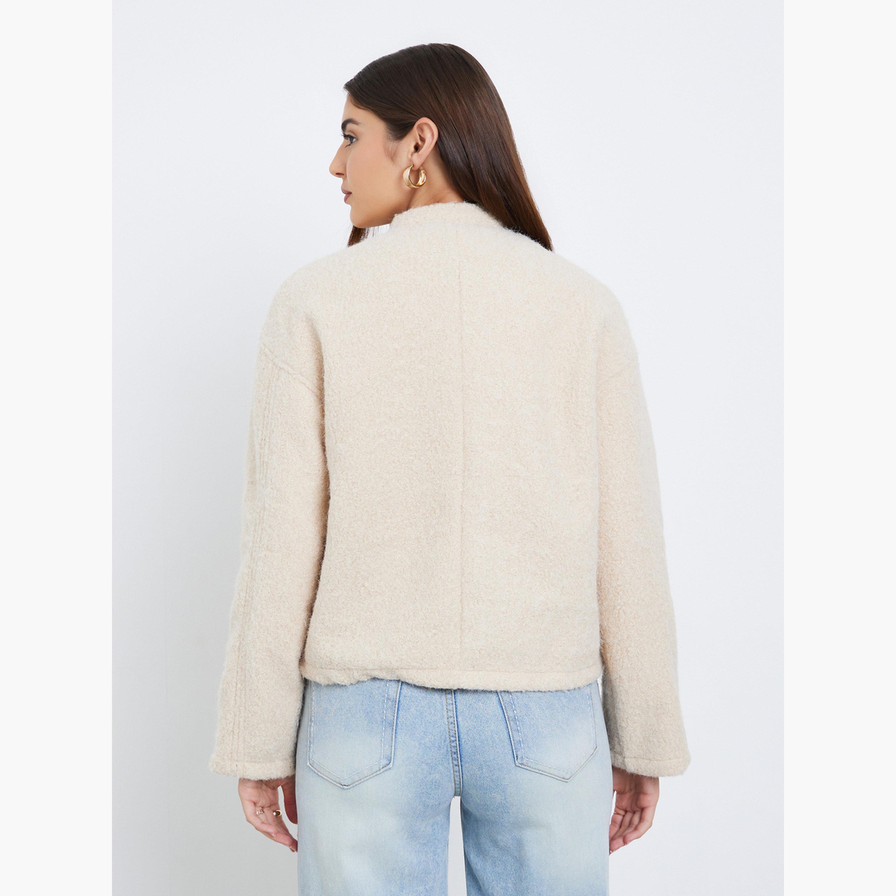 Styli Solid Mandarin Collar Long Sleeves Women's Button Through Trucker Jacket-women-winterwear-coatsandjackets-jackets-image-4