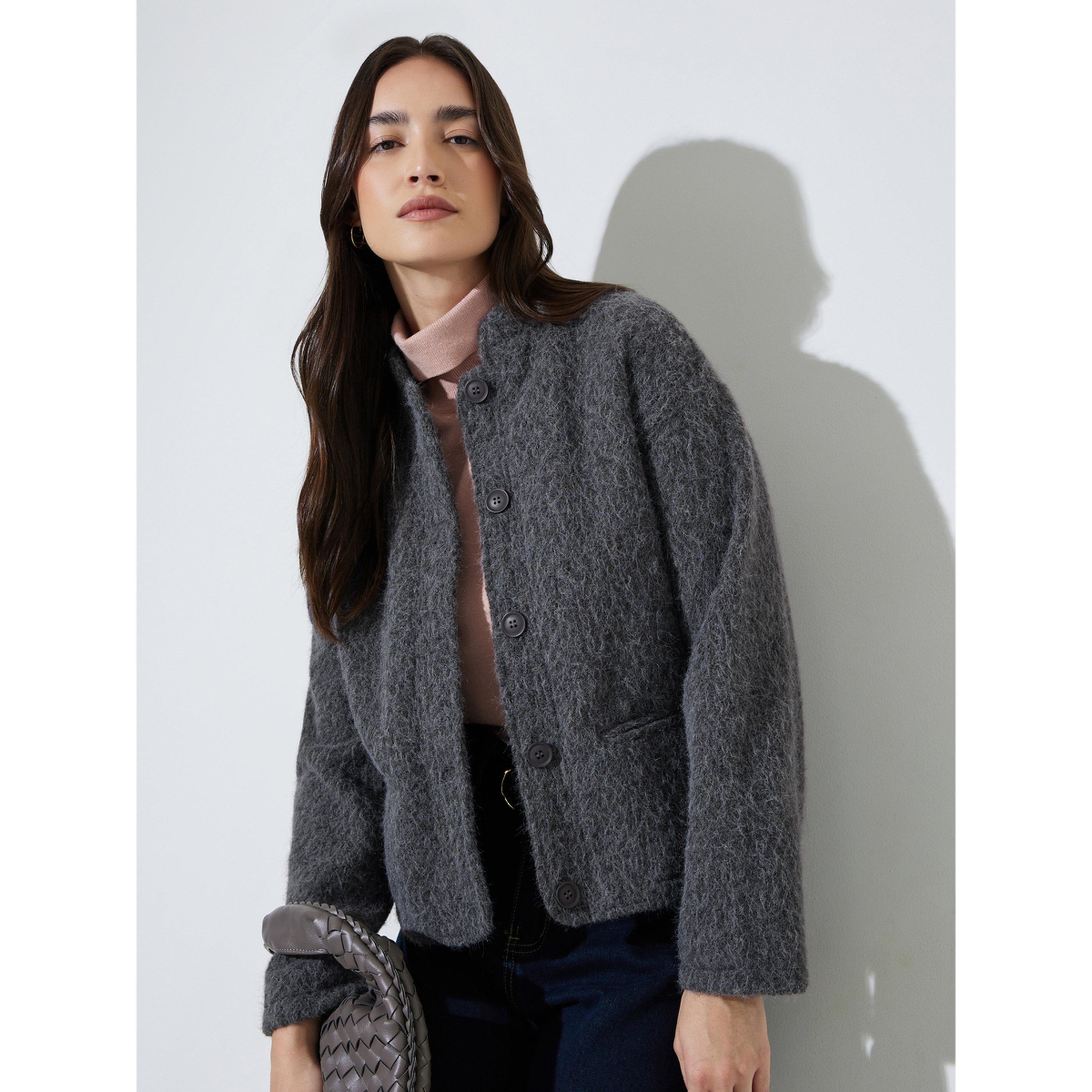 Styli Charcoal Regular Fit Wool-Like Trucker Jacket-women-winterwear-coatsandjackets-jackets-image-1