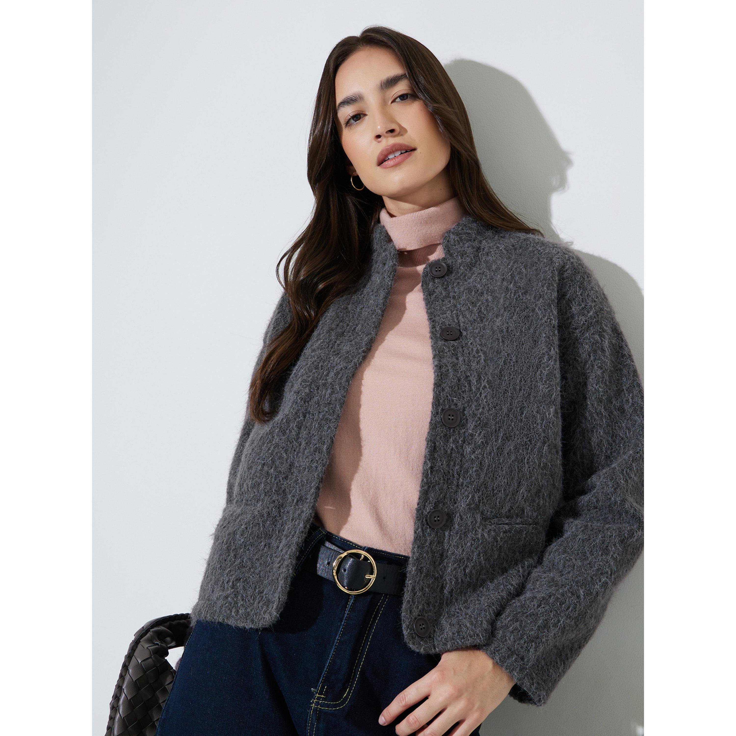 Styli Charcoal Regular Fit Wool-Like Trucker Jacket-women-winterwear-coatsandjackets-jackets-image-3