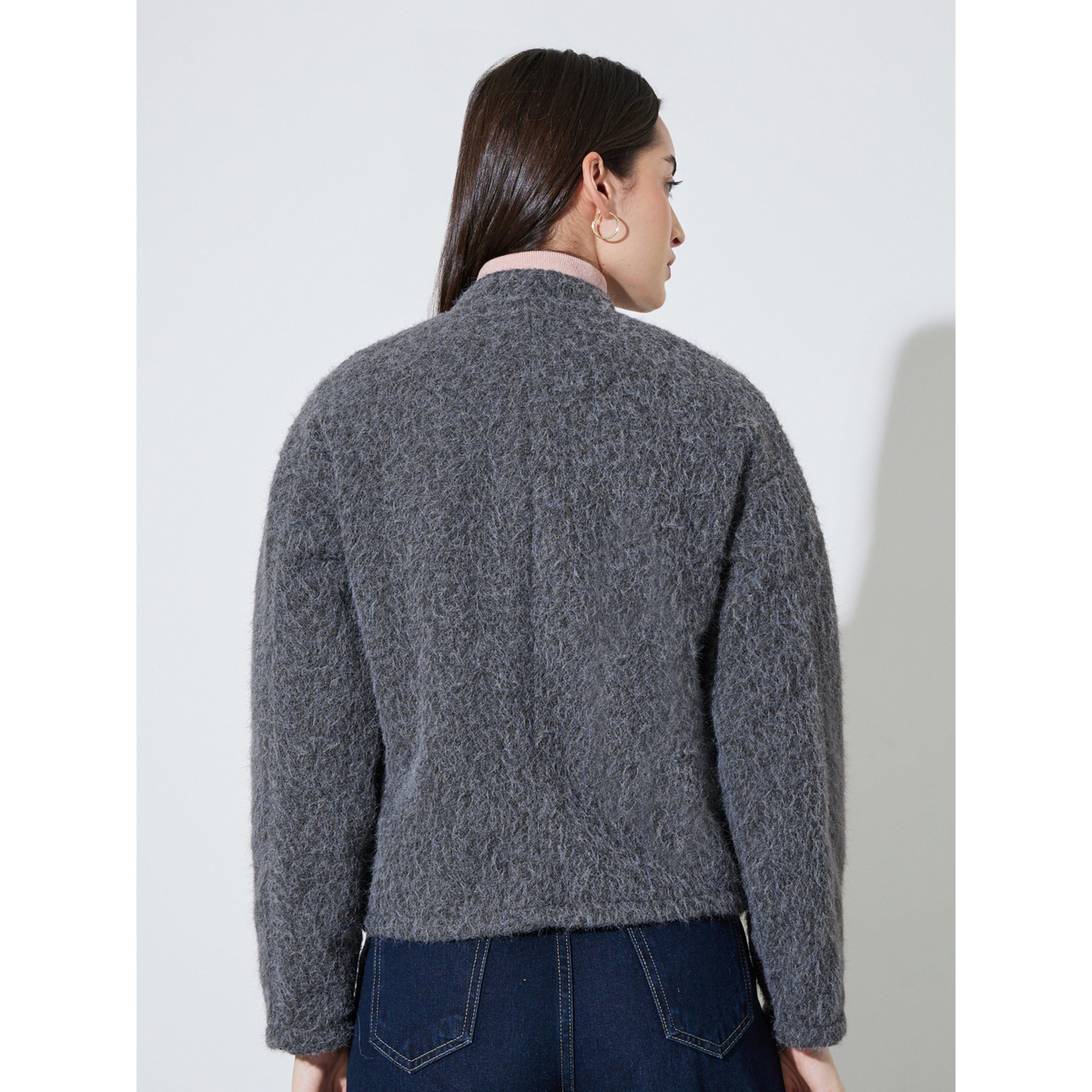 Styli Charcoal Regular Fit Wool-Like Trucker Jacket-women-winterwear-coatsandjackets-jackets-image-4