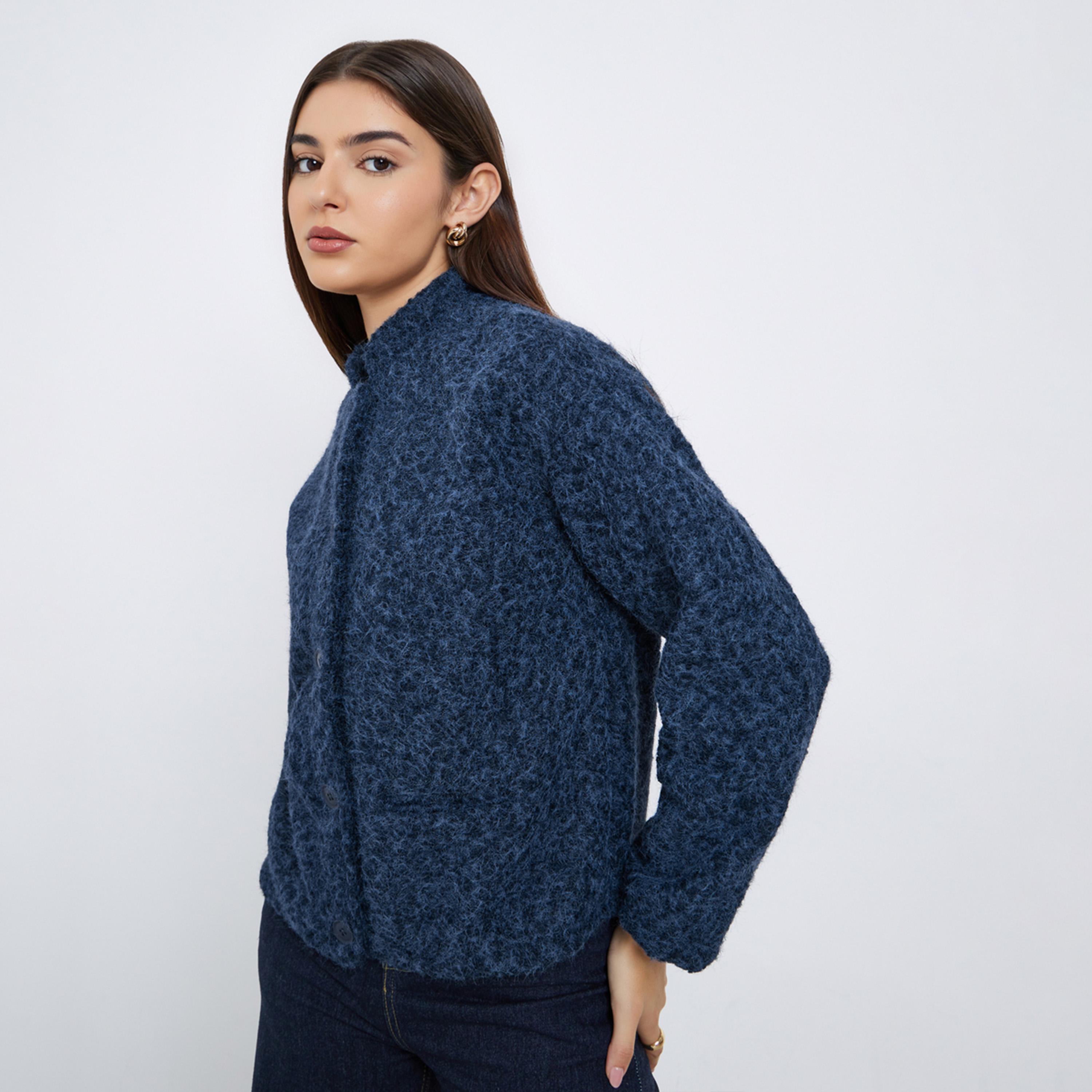 Styli Textured Mandarin Collar Long Sleeves Women's Button Through Trucker Jacket-women-winterwear-coatsandjackets-jackets-image-1