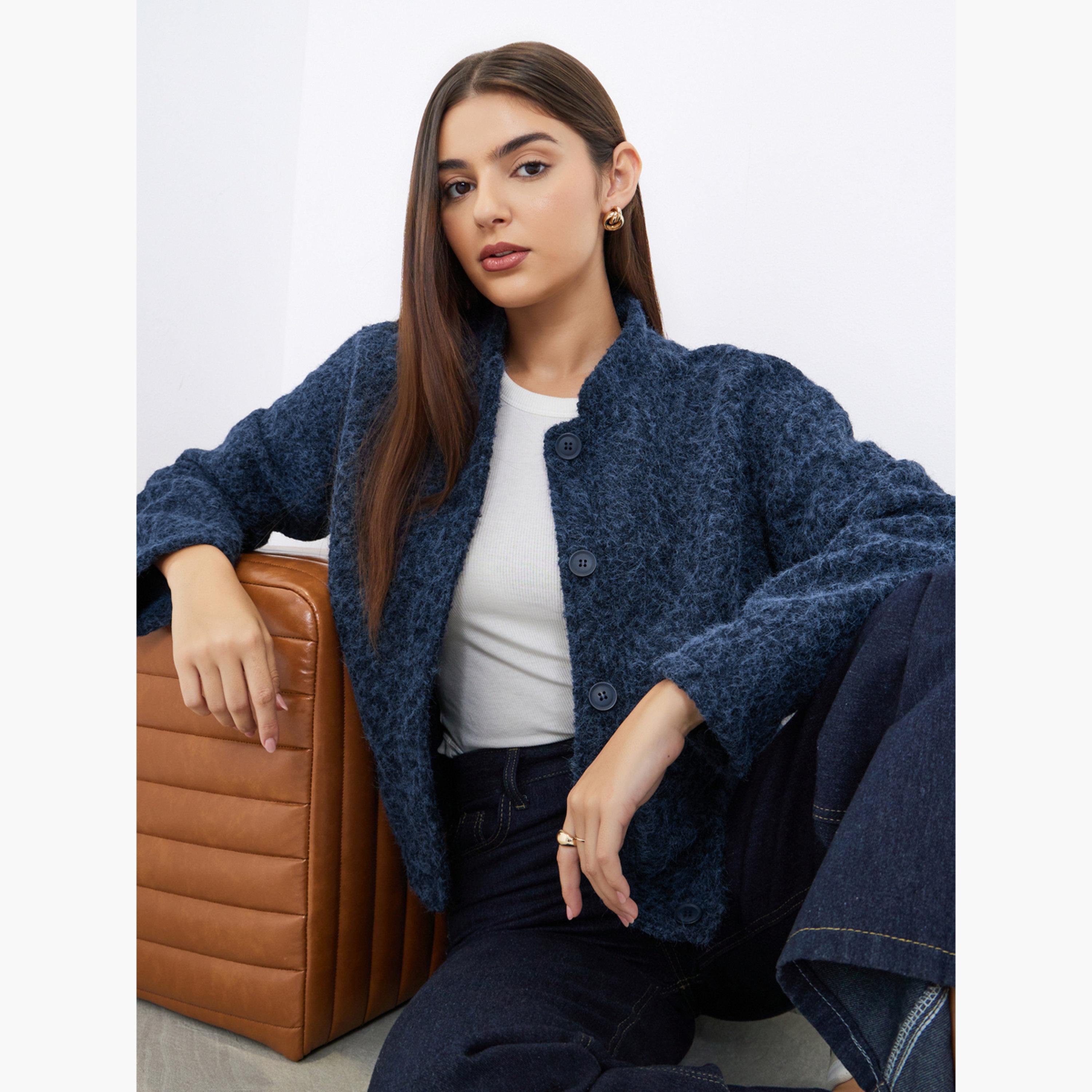 Styli Textured Mandarin Collar Long Sleeves Women's Button Through Trucker Jacket-women-winterwear-coatsandjackets-jackets-image-3