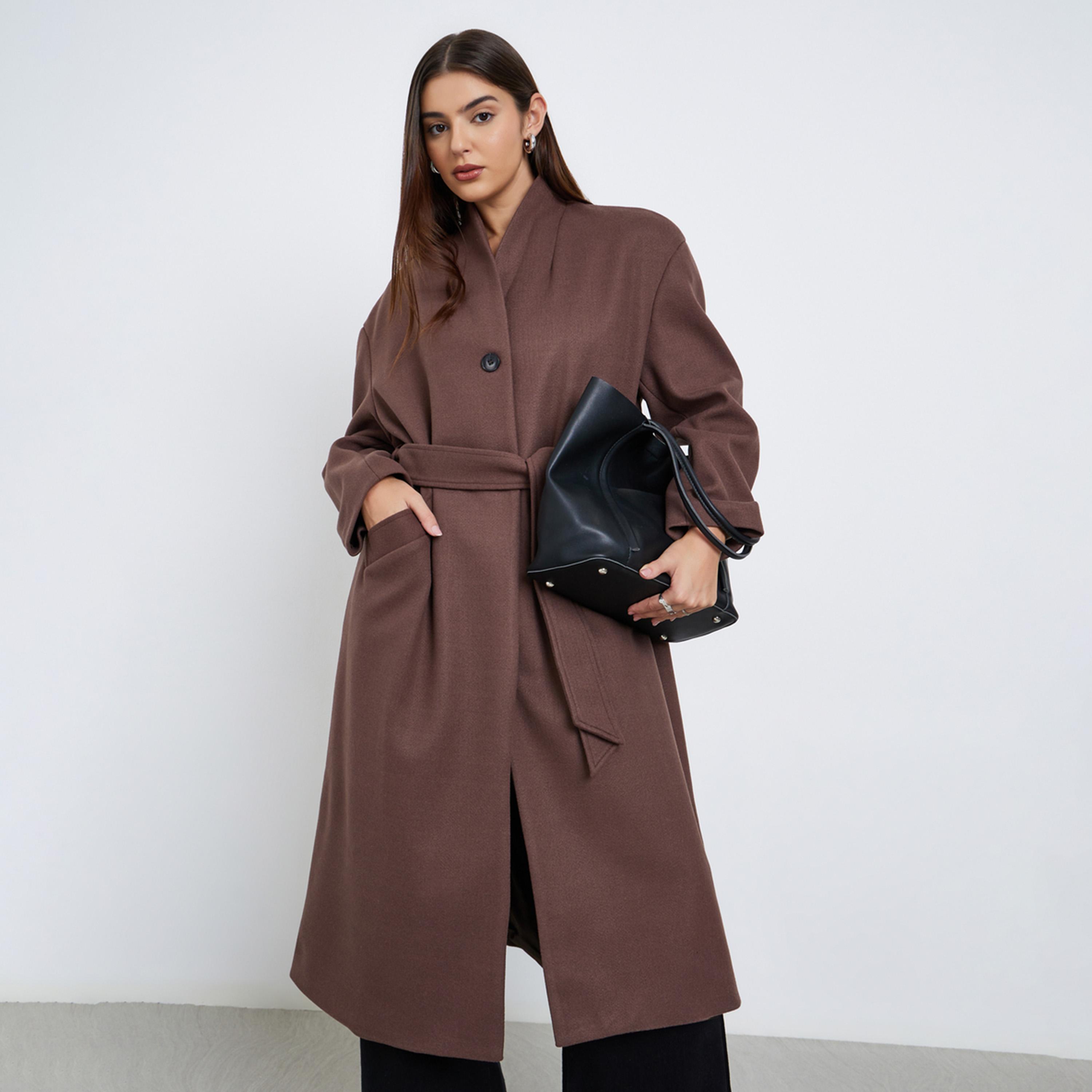 Styli Women Brown Regular Fit Wool Like Belted Midi Coat-women-clothing-coatsandjackets-coats-image-1