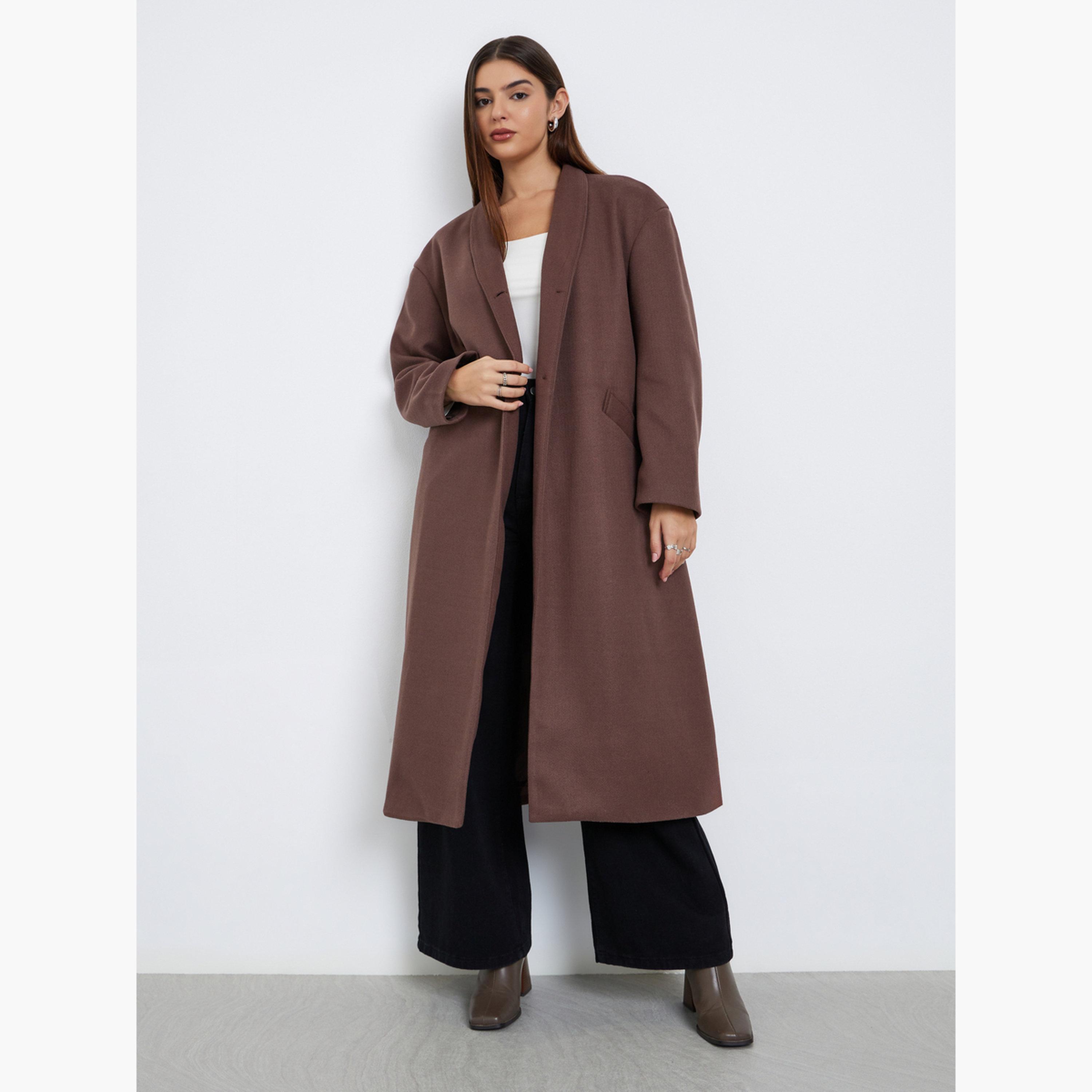 Styli Women Brown Regular Fit Wool Like Belted Midi Coat-women-clothing-coatsandjackets-coats-image-2