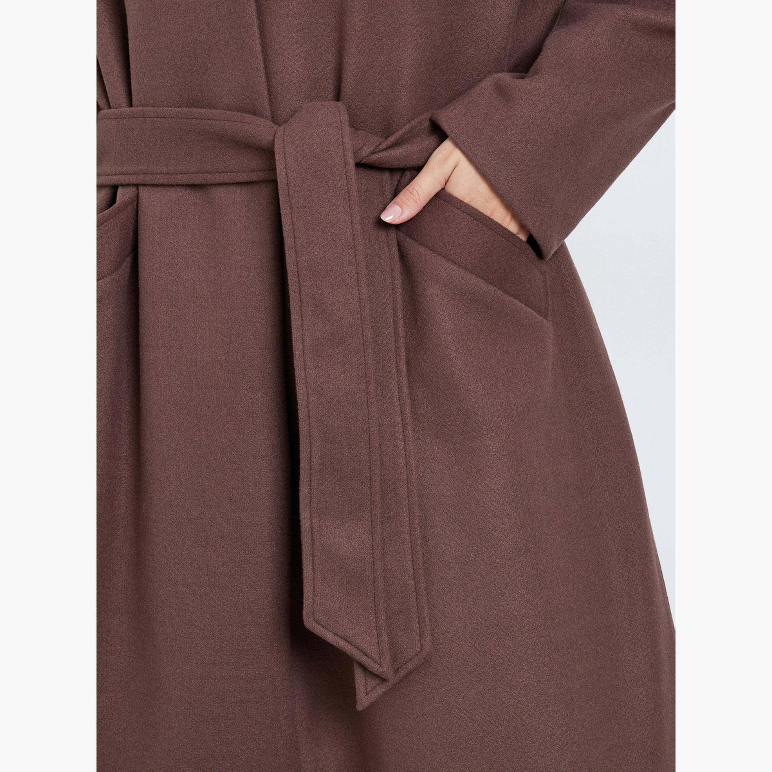 Styli Women Brown Regular Fit Wool Like Belted Midi Coat-women-clothing-coatsandjackets-coats-image-3