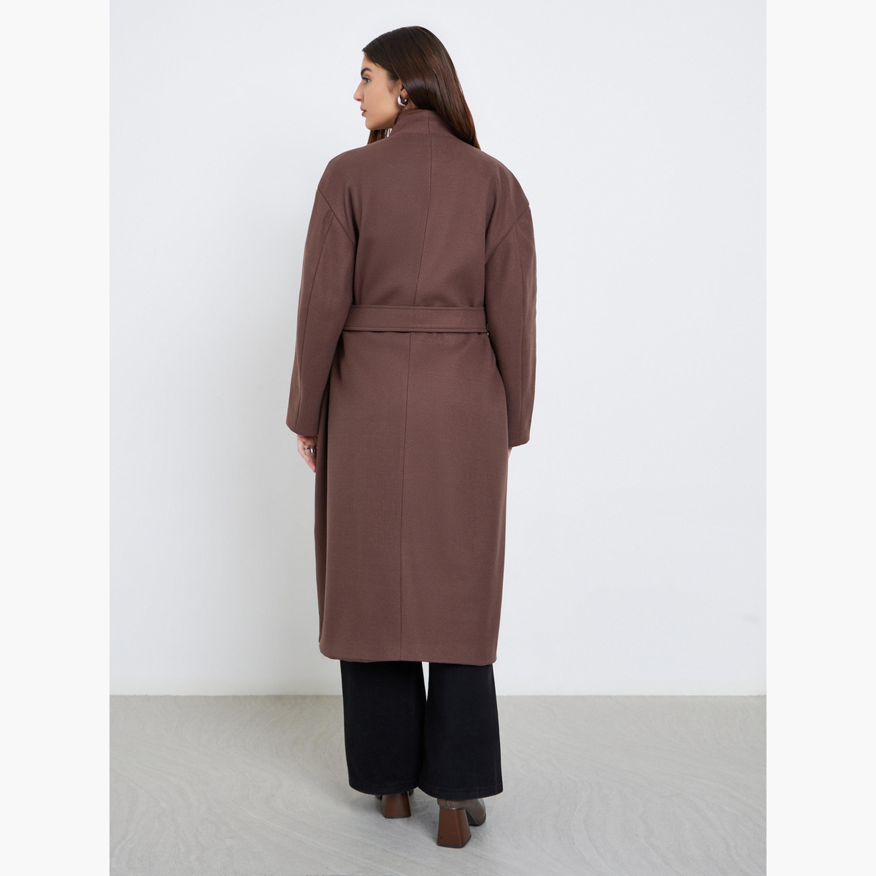 Styli Women Brown Regular Fit Wool Like Belted Midi Coat-women-clothing-coatsandjackets-coats-image-4