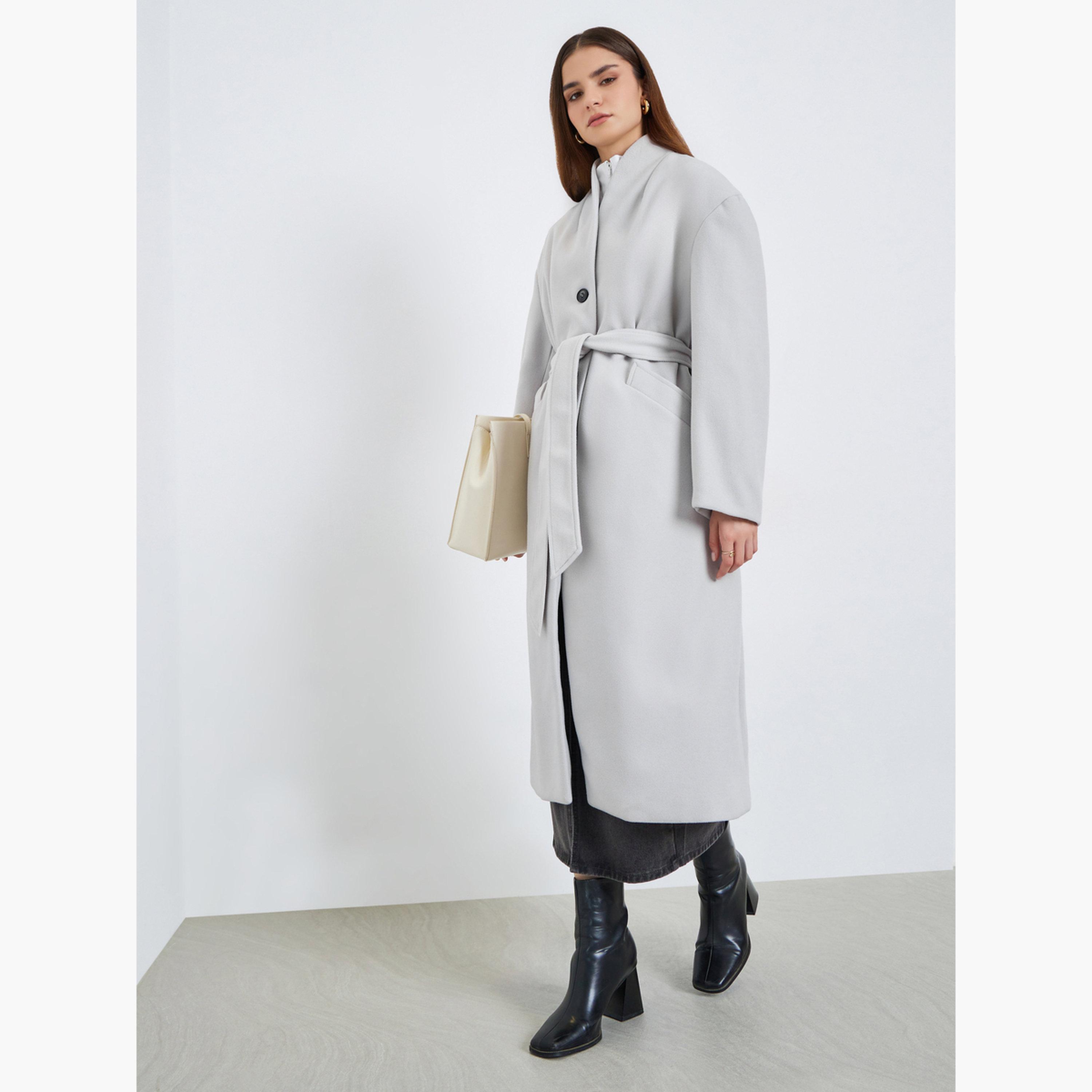 ستايلي - معطف نسائي رمادي متوسط ​​الطول بحزام مصنوع من الصوف-women-clothing-coatsandjackets-coats-image-1