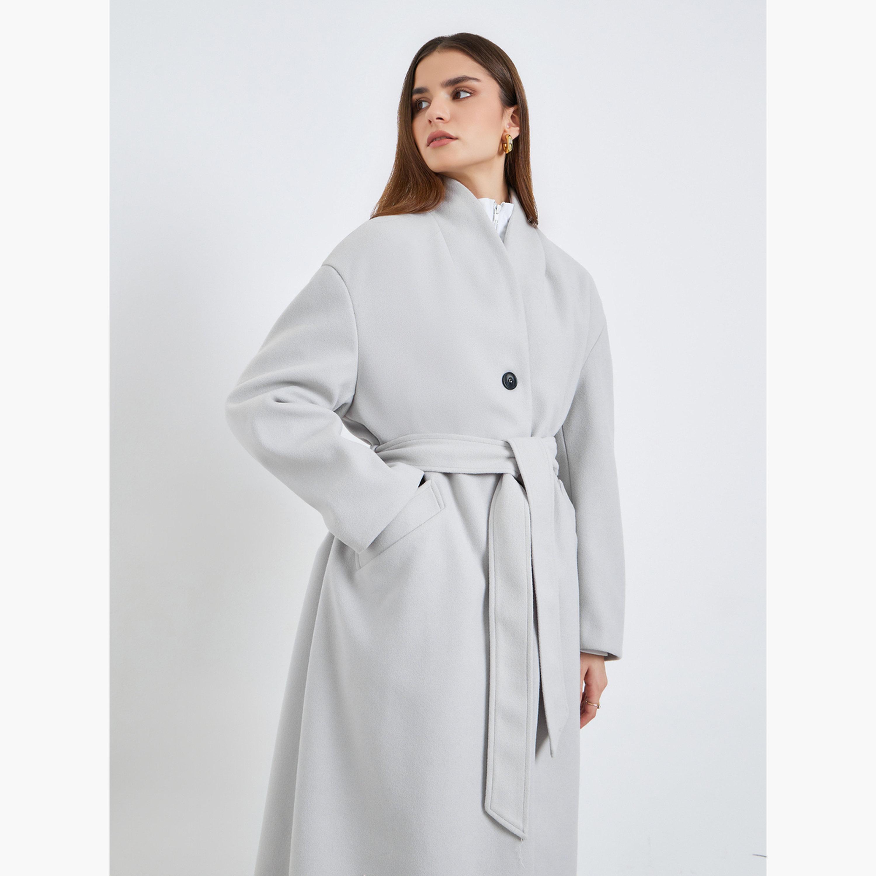 ستايلي - معطف نسائي رمادي متوسط ​​الطول بحزام مصنوع من الصوف-women-clothing-coatsandjackets-coats-image-3