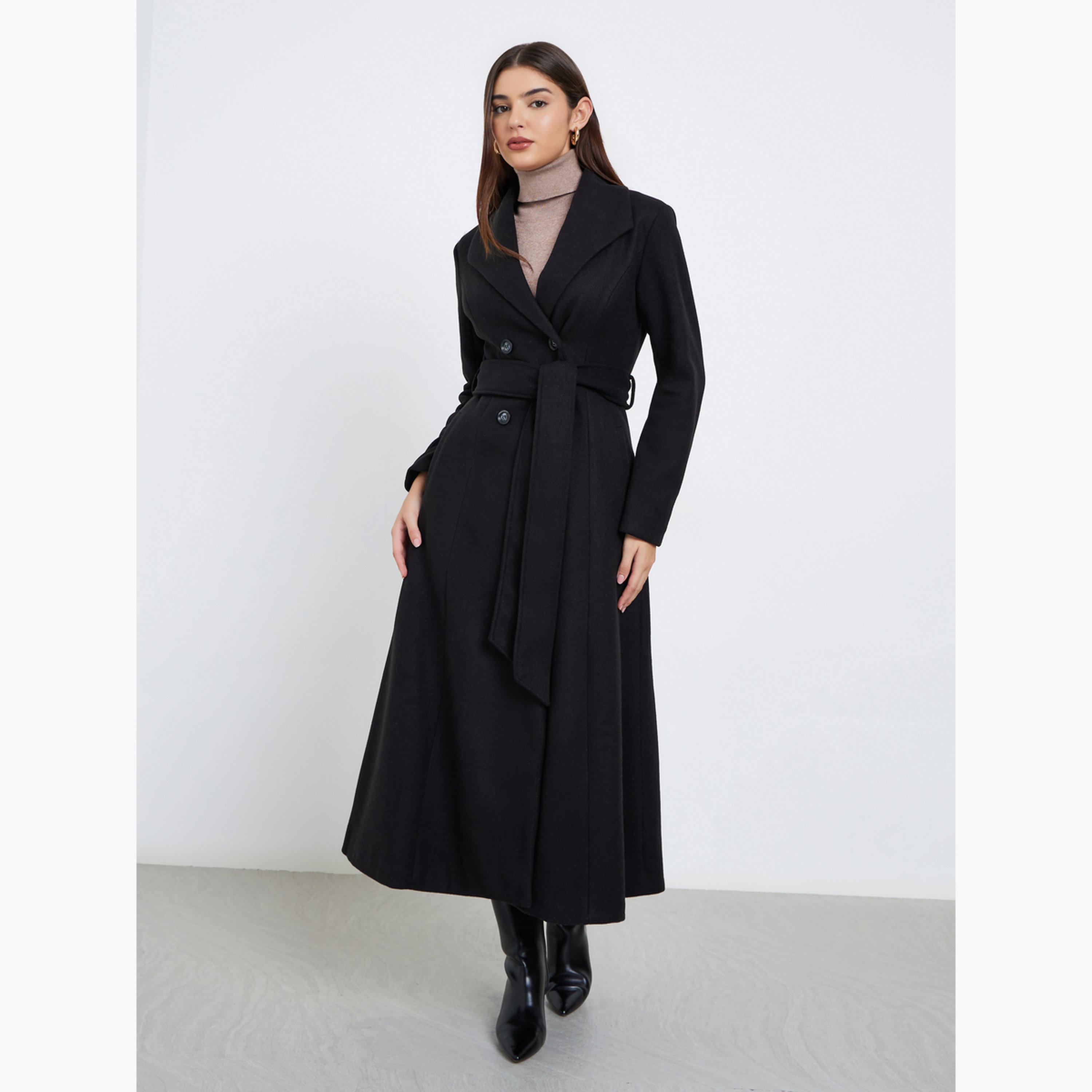 Styli Black Solid Regular Fit Wool Like Collared Long Sleeves Women's Double Breasted Coat-women-clothing-coatsandjackets-coats-image-1