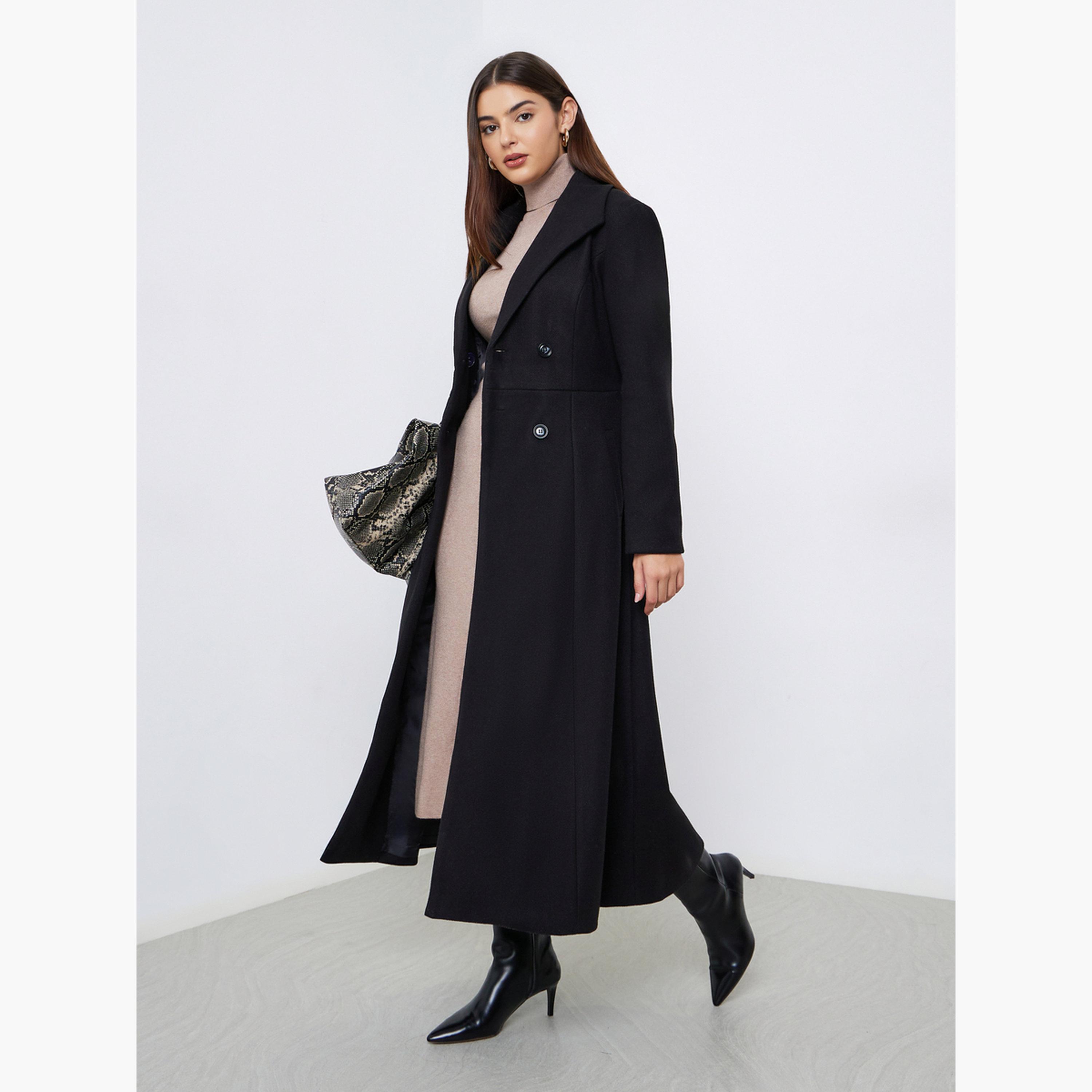 Styli Black Solid Regular Fit Wool Like Collared Long Sleeves Women's Double Breasted Coat-women-clothing-coatsandjackets-coats-image-2