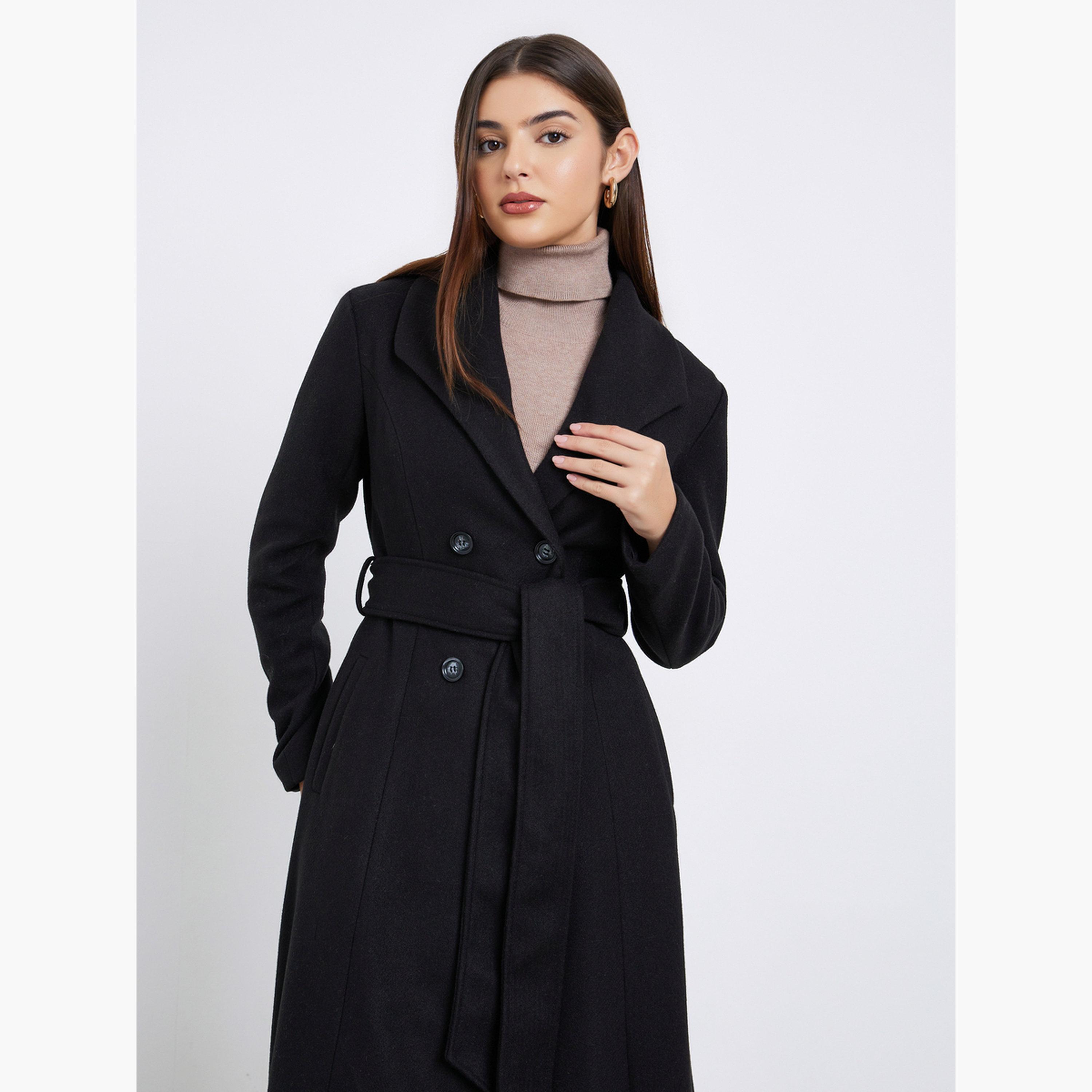 Styli Black Solid Regular Fit Wool Like Collared Long Sleeves Women's Double Breasted Coat-women-clothing-coatsandjackets-coats-image-3