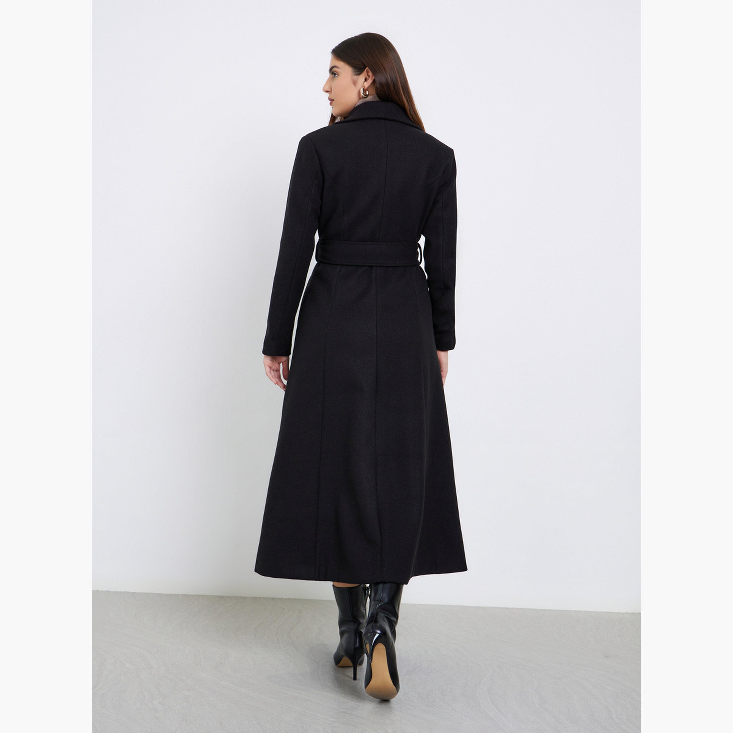 Styli Black Solid Regular Fit Wool Like Collared Long Sleeves Women's Double Breasted Coat-women-clothing-coatsandjackets-coats-image-4