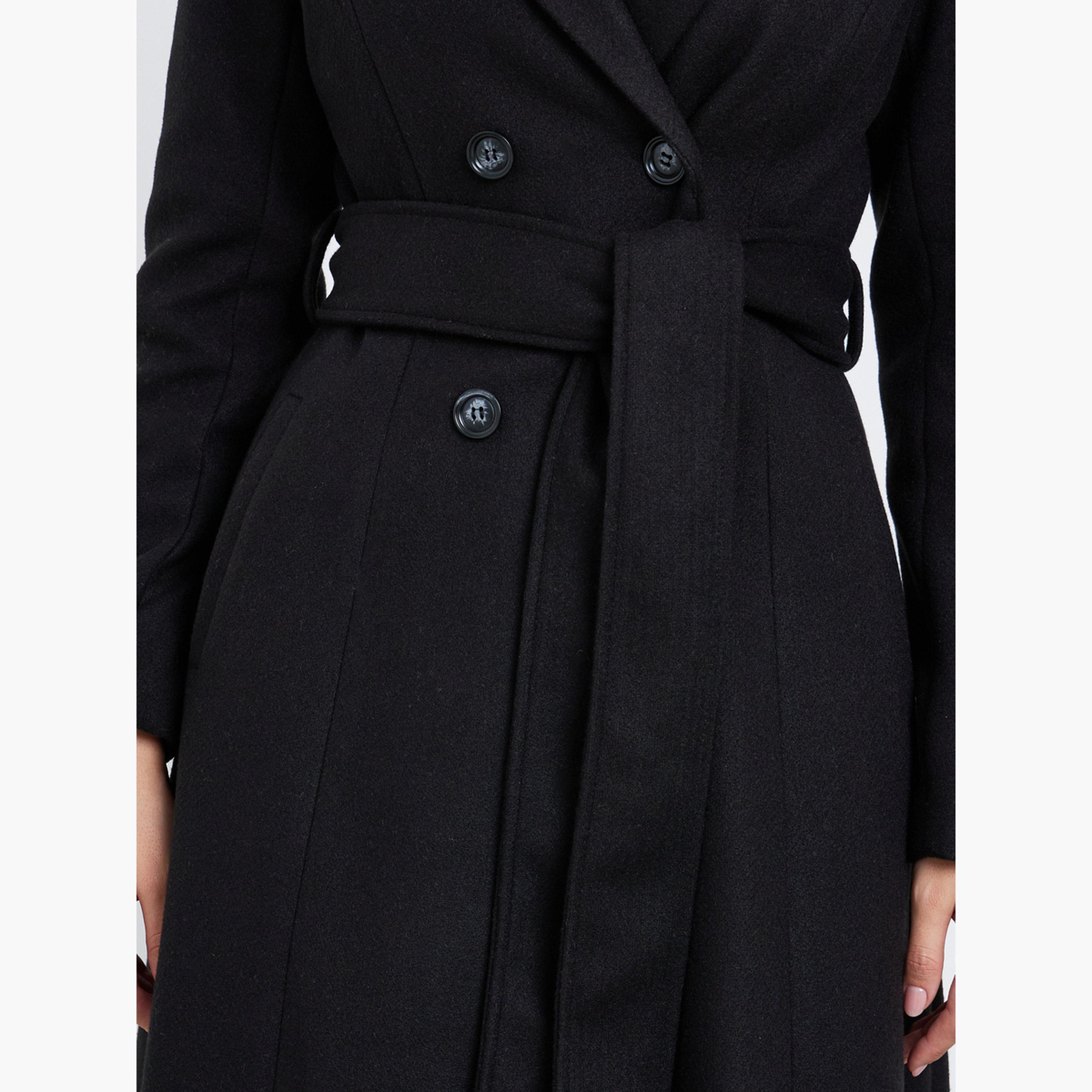Styli Black Solid Regular Fit Wool Like Collared Long Sleeves Women's Double Breasted Coat-women-clothing-coatsandjackets-coats-image-5