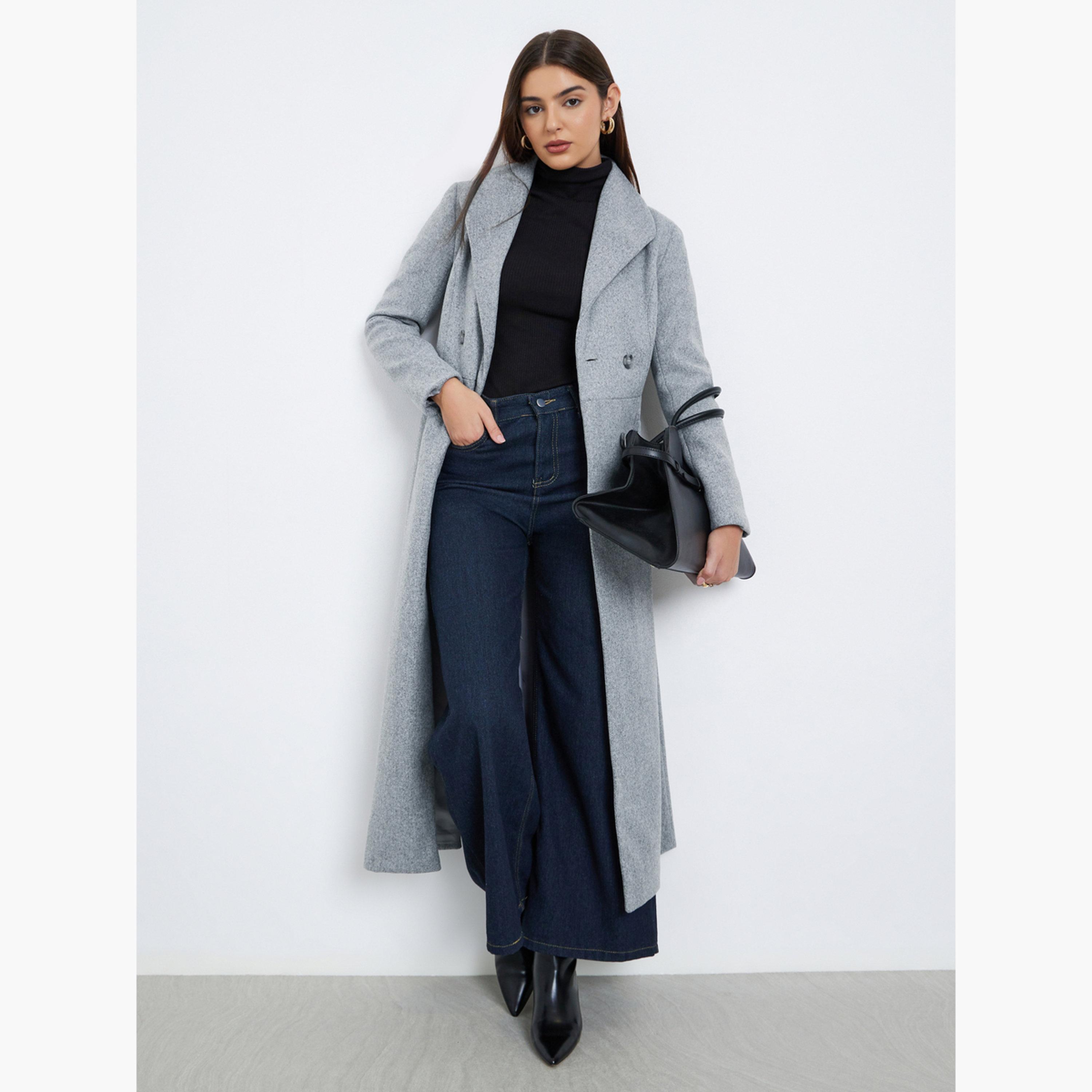 ستايلي - معطف رمادي عادي بقصة عادية يشبه الصوف أزرار مزدوجة للنساء -women-clothing-coatsandjackets-coats-image-1