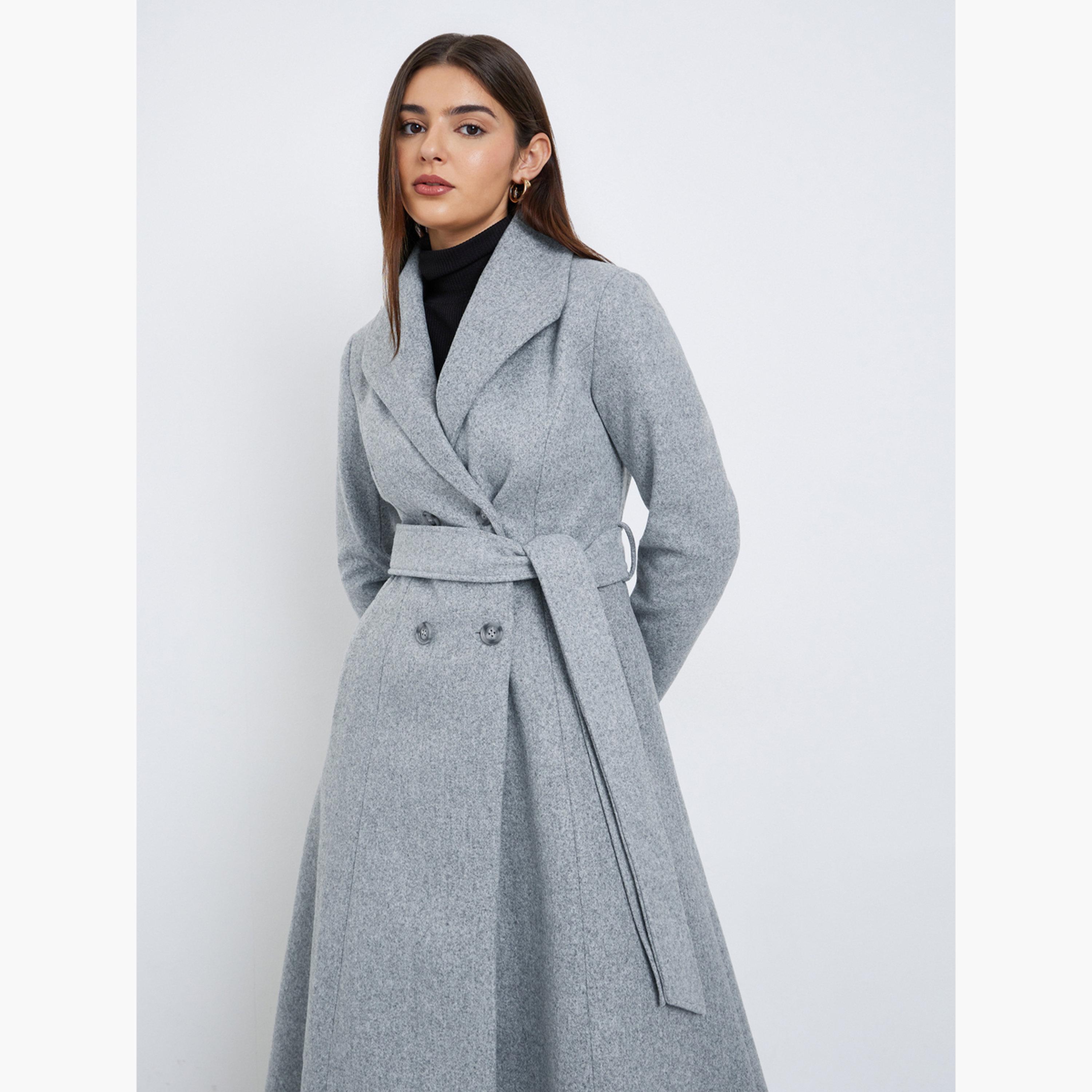 Styli Grey Solid Regular Fit Wool Like Collared Long Sleeves Women's Double Breasted Coat-women-clothing-coatsandjackets-coats-image-2