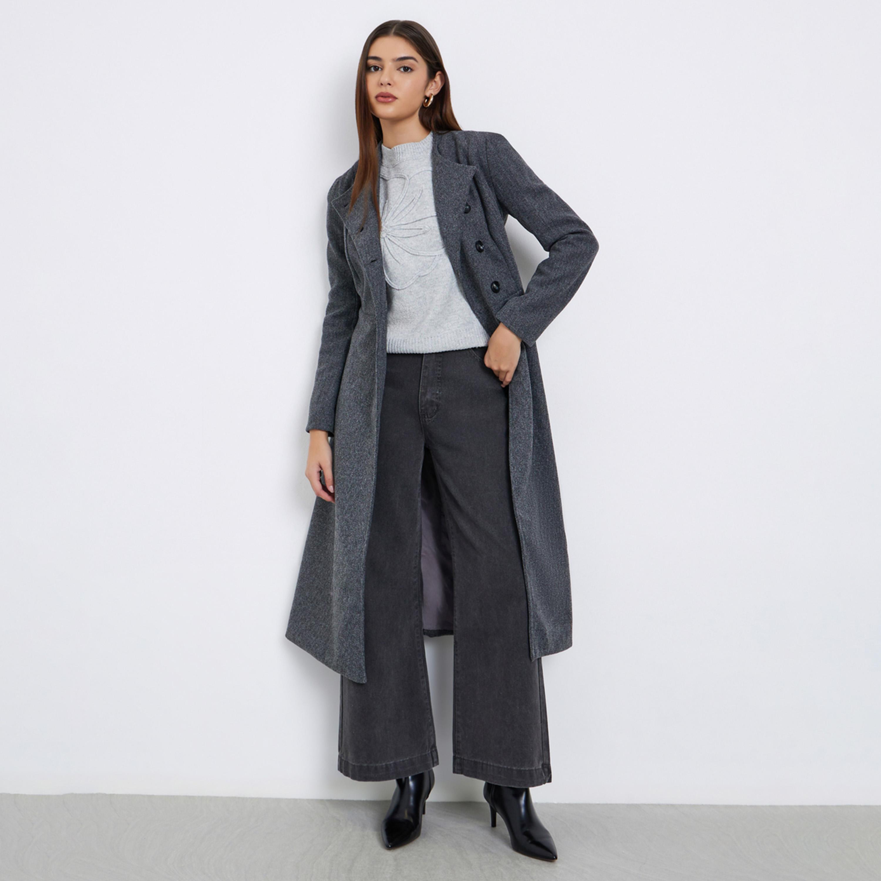 ستايلي - معطف صوف رمادي متوسط ​​الطول بقصة عادية-women-clothing-coatsandjackets-coats-image-1