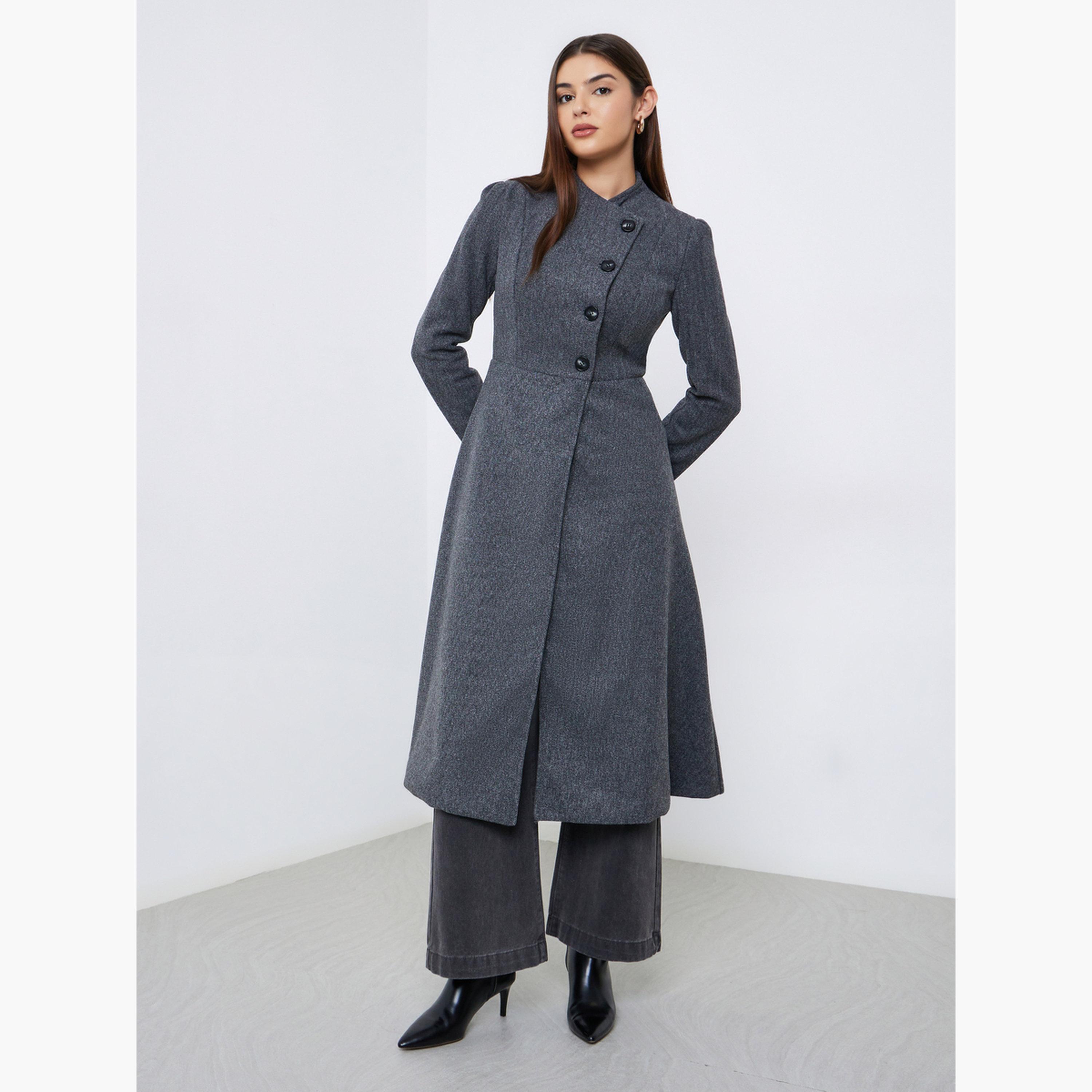 Styli Women Grey Regular Fit Wool Like Midi Coat-women-clothing-coatsandjackets-coats-image-2