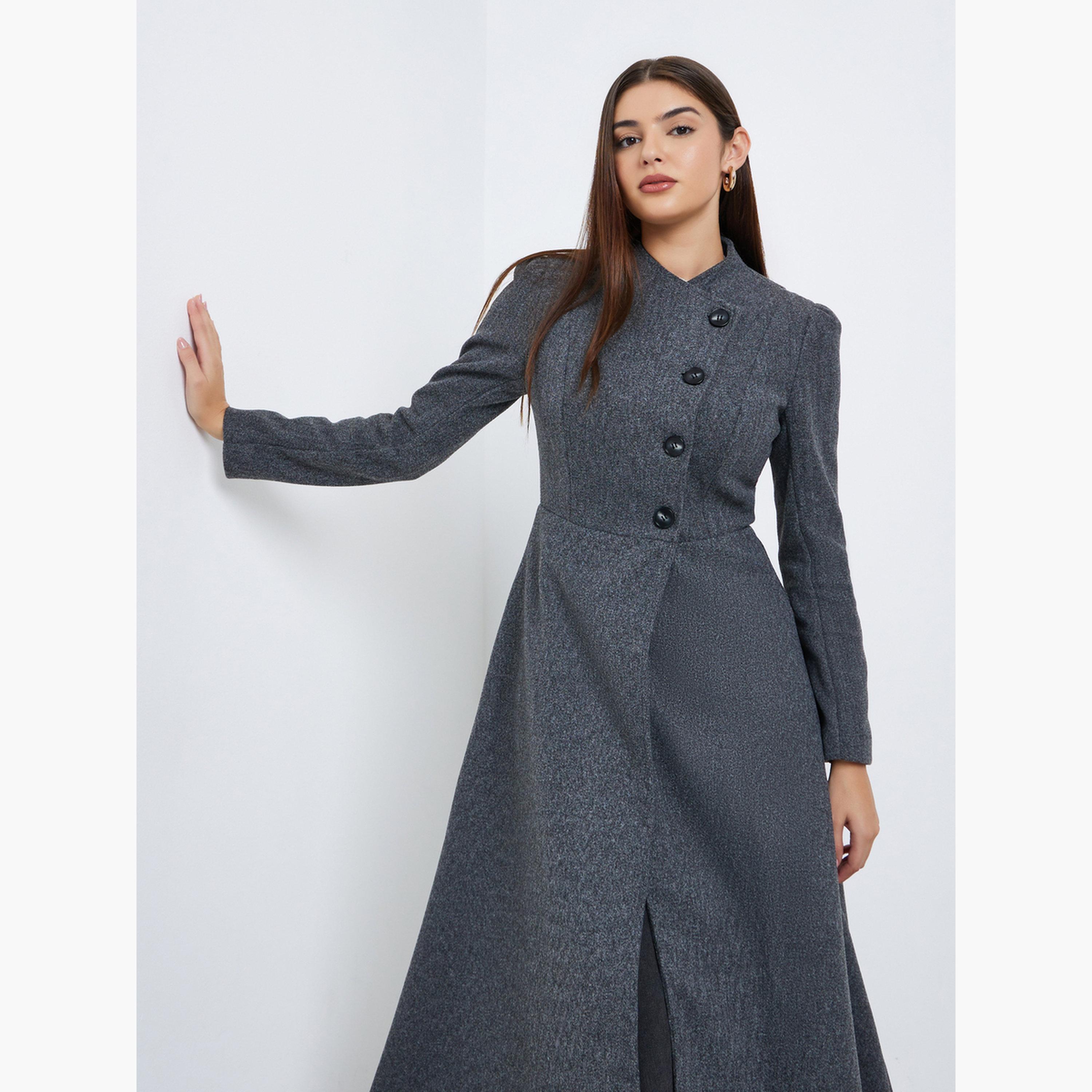 Styli Women Grey Regular Fit Wool Like Midi Coat-women-clothing-coatsandjackets-coats-image-3