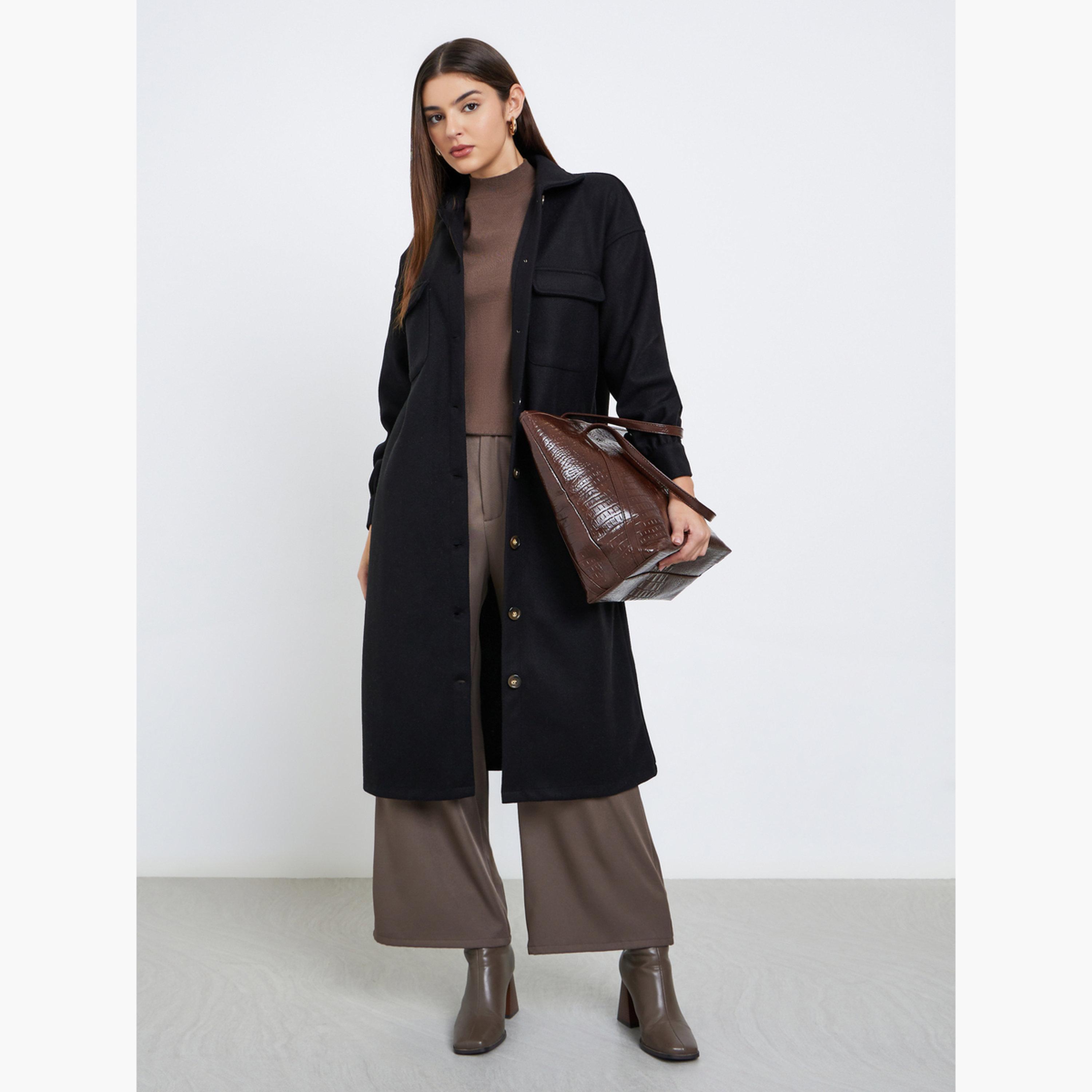 Styli Black Solid Oversized Wool Like Collared Long Sleeves Women's Buttoned Midi Coat-women-clothing-coatsandjackets-coats-image-1