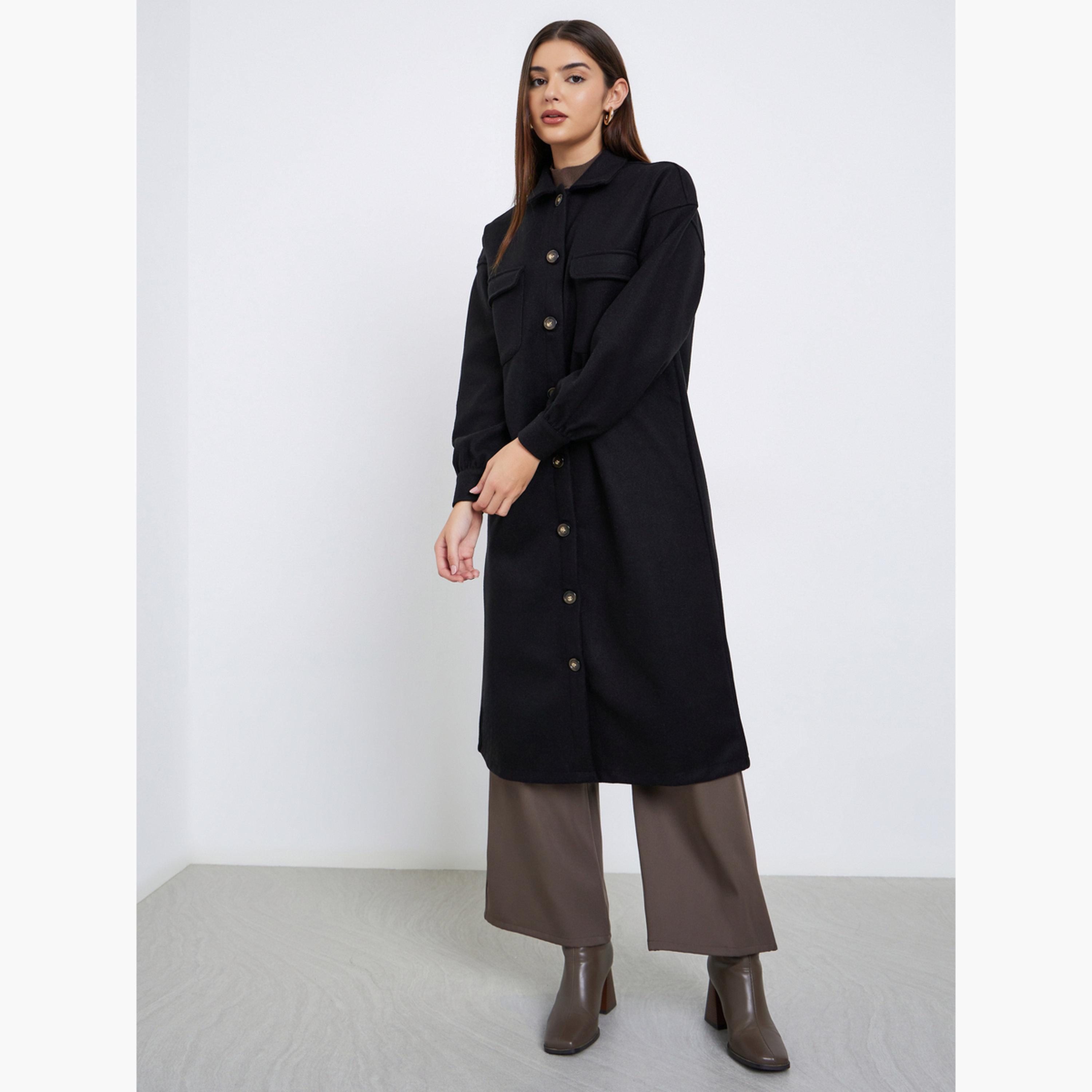 Styli Black Solid Oversized Wool Like Collared Long Sleeves Women's Buttoned Midi Coat-women-clothing-coatsandjackets-coats-image-2