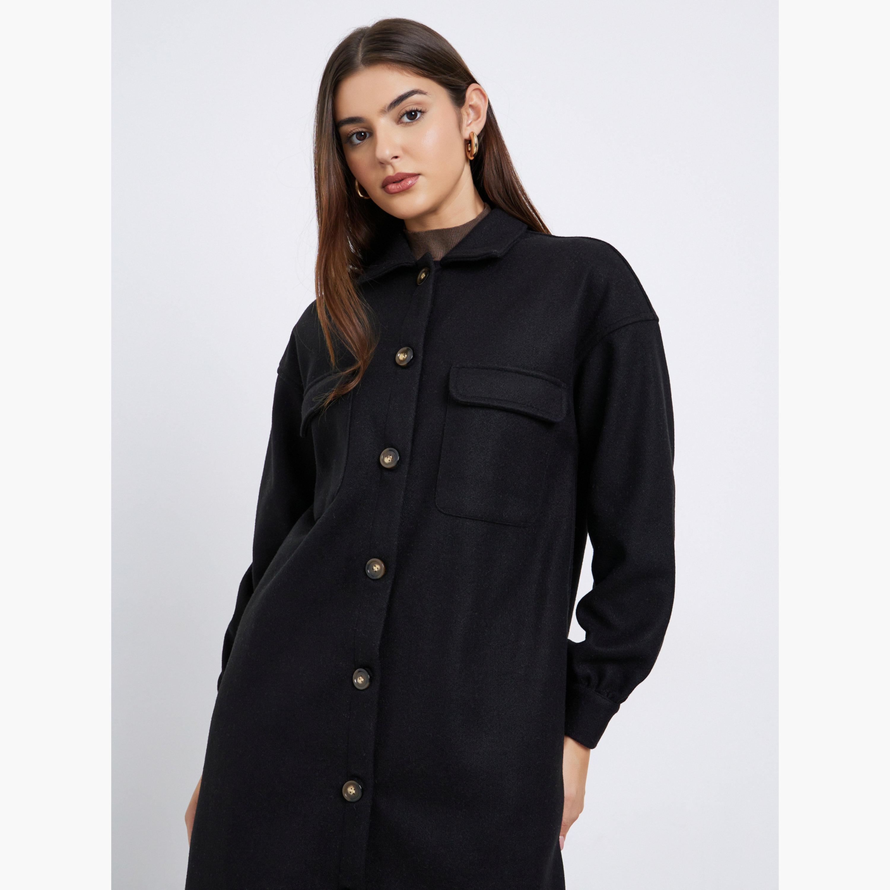 Styli Black Solid Oversized Wool Like Collared Long Sleeves Women's Buttoned Midi Coat-women-clothing-coatsandjackets-coats-image-3