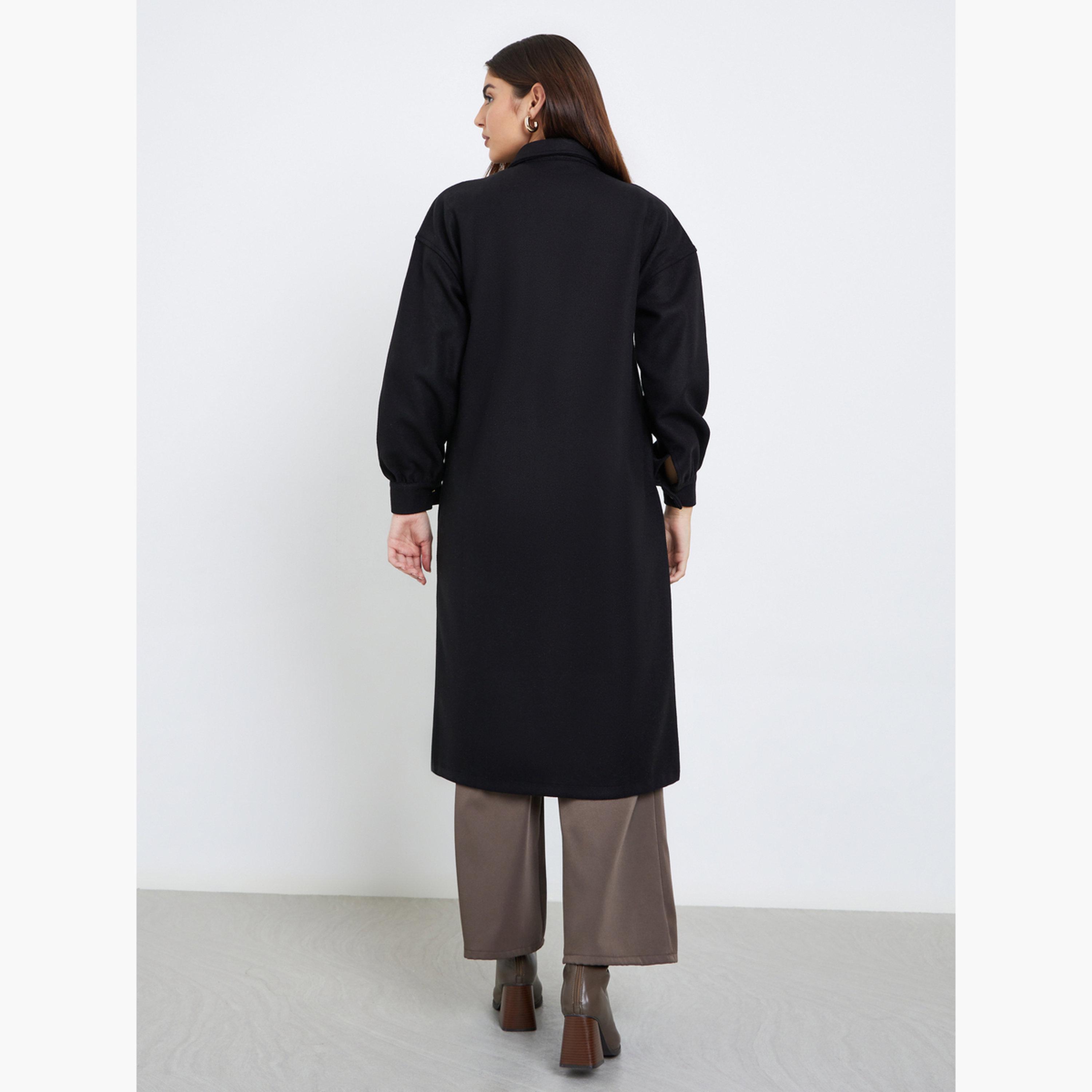 Styli Black Solid Oversized Wool Like Collared Long Sleeves Women's Buttoned Midi Coat-women-clothing-coatsandjackets-coats-image-4