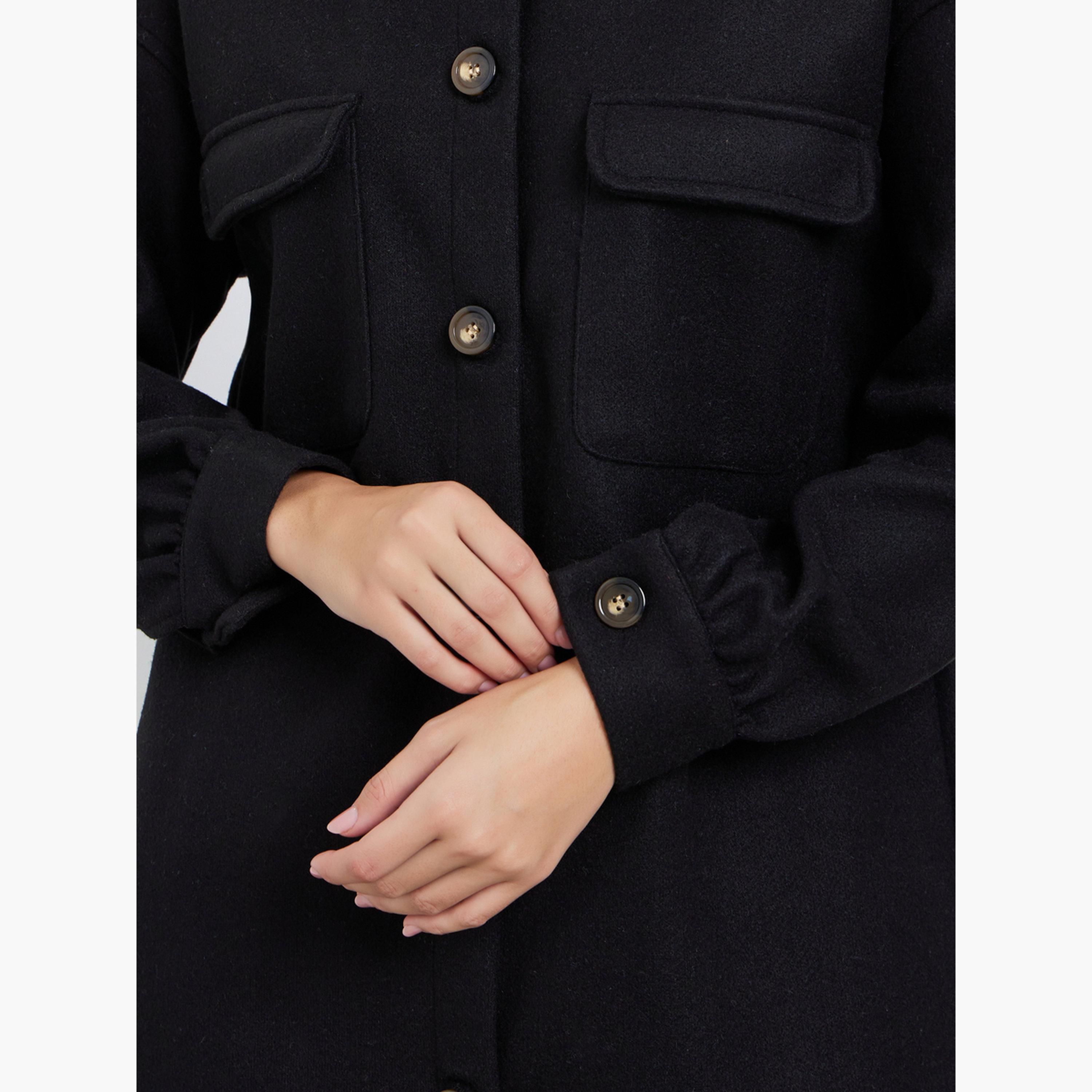 Styli Black Solid Oversized Wool Like Collared Long Sleeves Women's Buttoned Midi Coat-women-clothing-coatsandjackets-coats-image-5