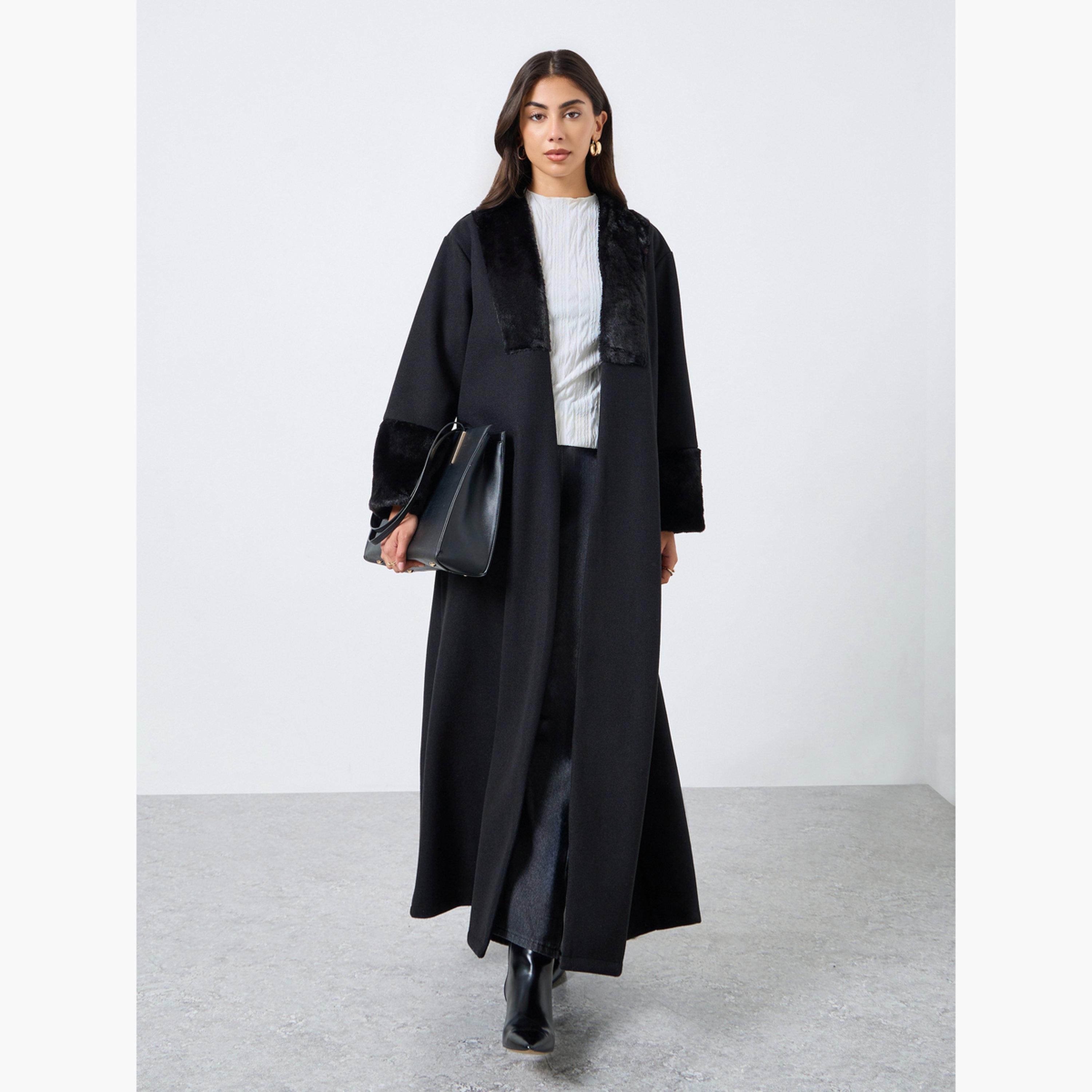Styli Black Faux Fur Collar Front Open Abaya-women-arabicclothing-abayas-image-1