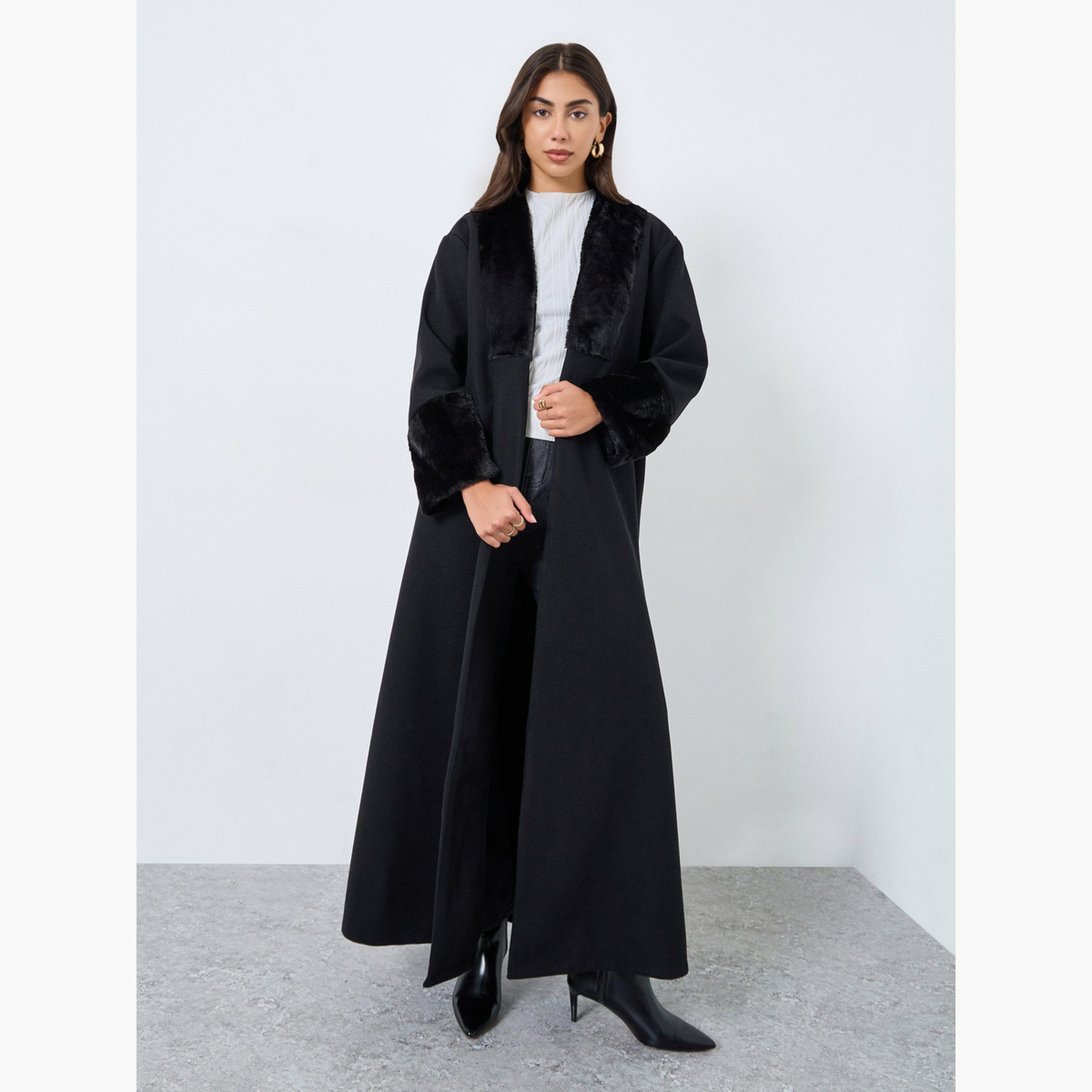 Styli Black Faux Fur Collar Front Open Abaya-women-arabicclothing-abayas-image-2